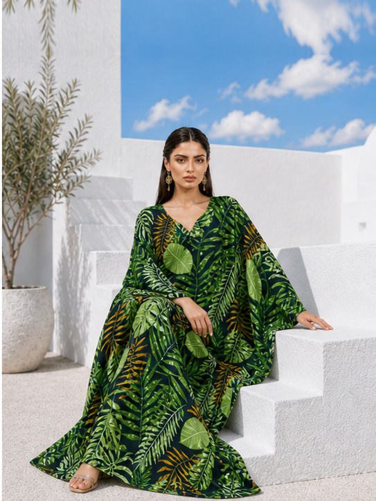 Emerald Tropics Kaftan Maxi Dress