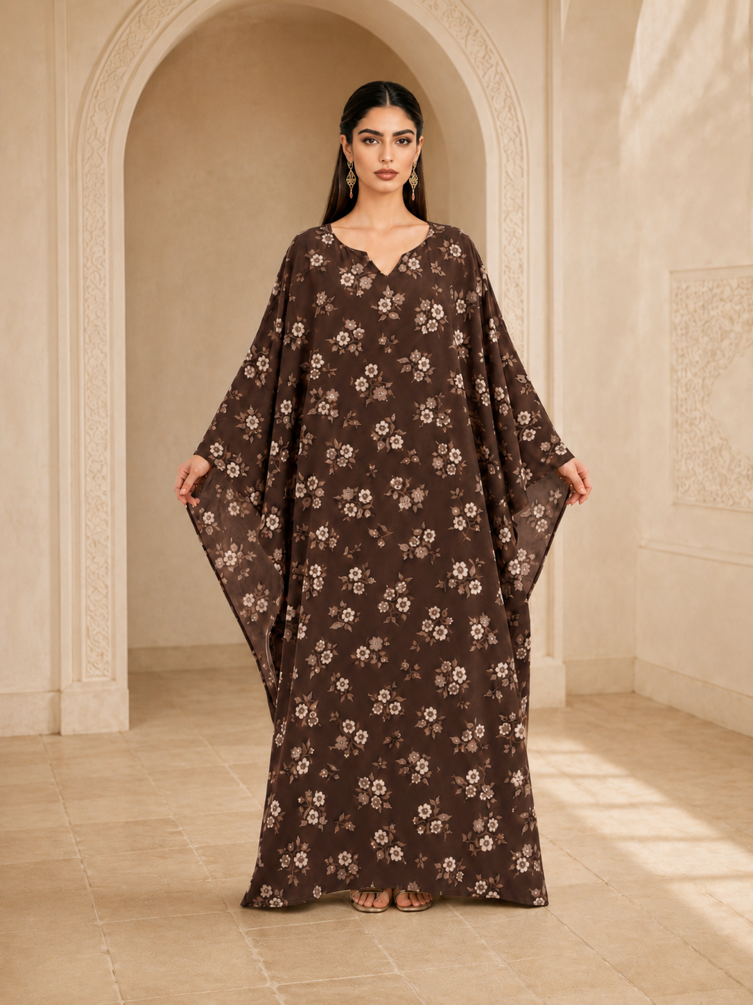 Brown Floral Maxi Kaftan Dress