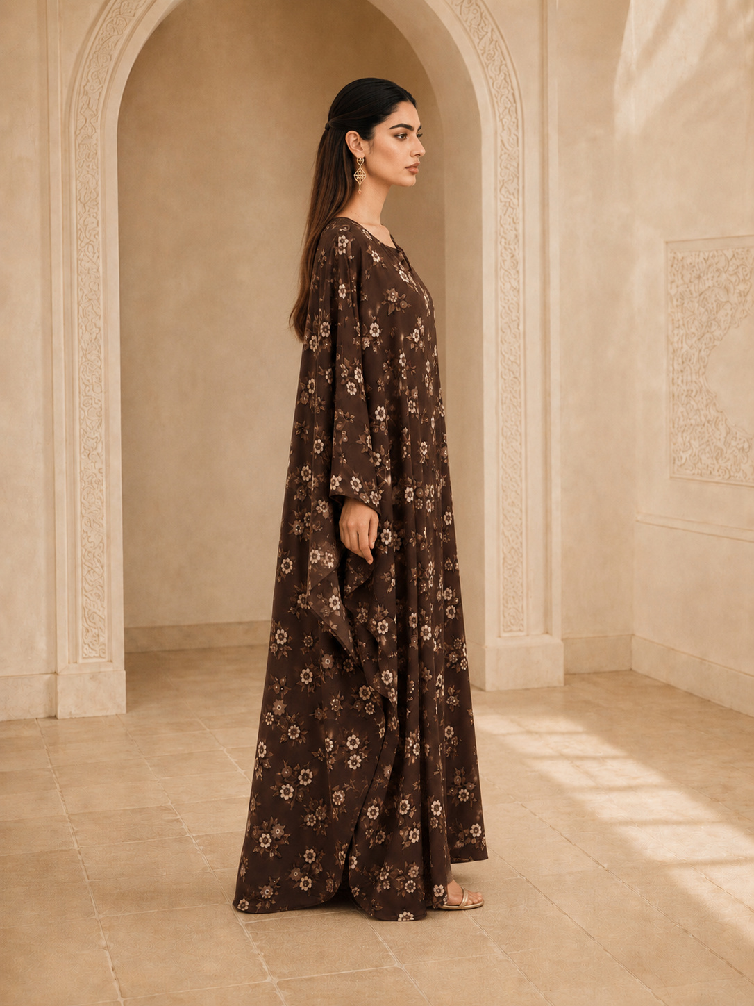 Brown Floral Maxi Kaftan Dress