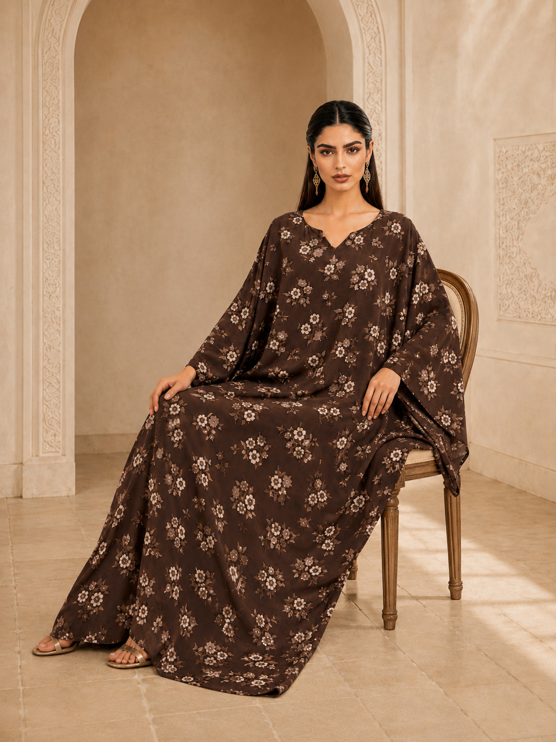 Brown Floral Maxi Kaftan Dress
