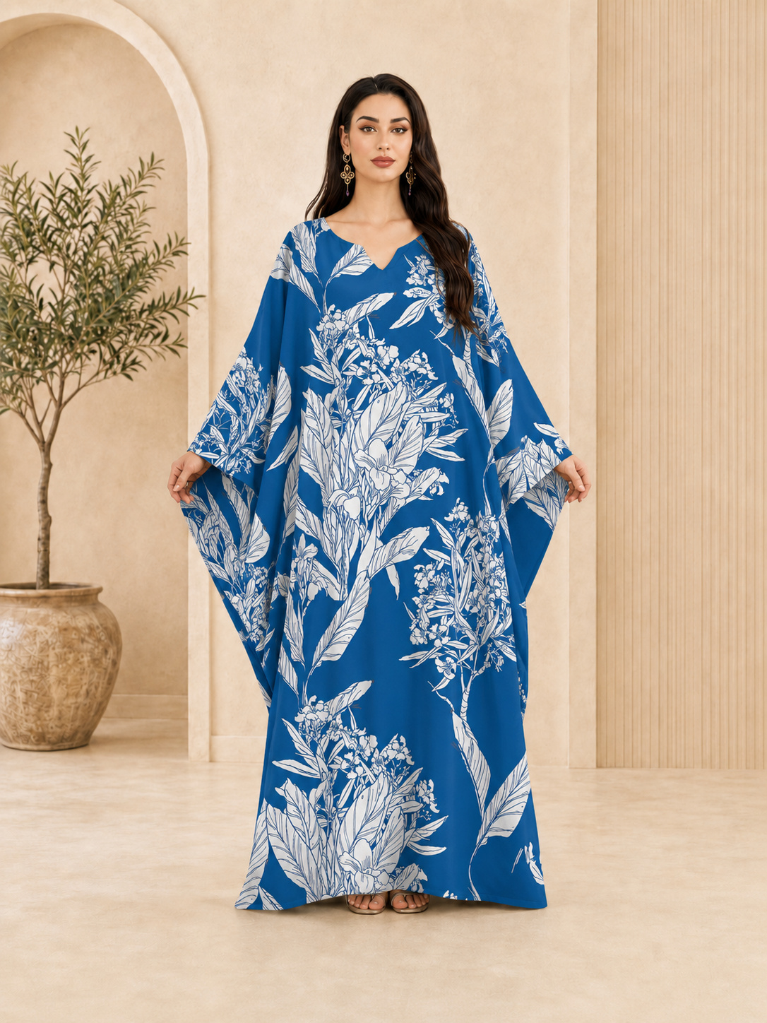 Blue Floral Kaftan Maxi Dress