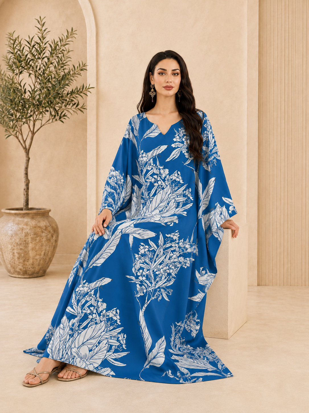 Blue Floral Kaftan Maxi Dress