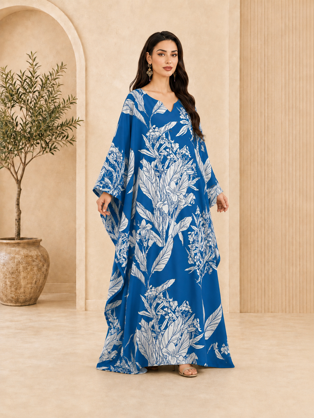 Blue Floral Kaftan Maxi Dress
