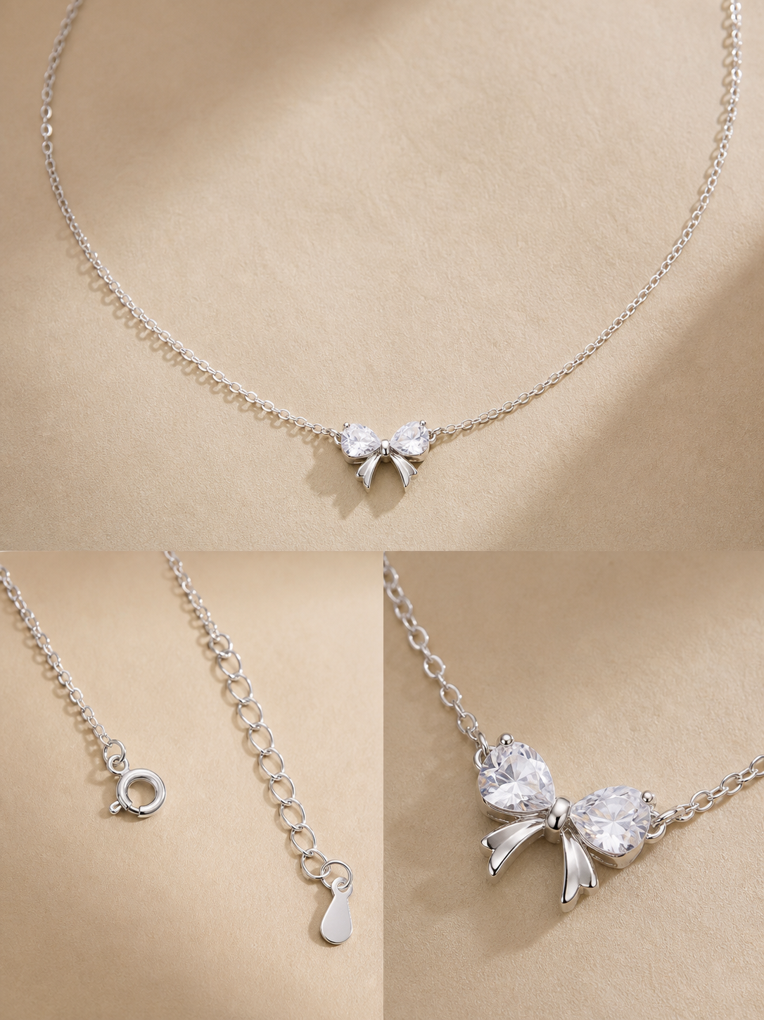 Silver Bow Zirconia Necklace