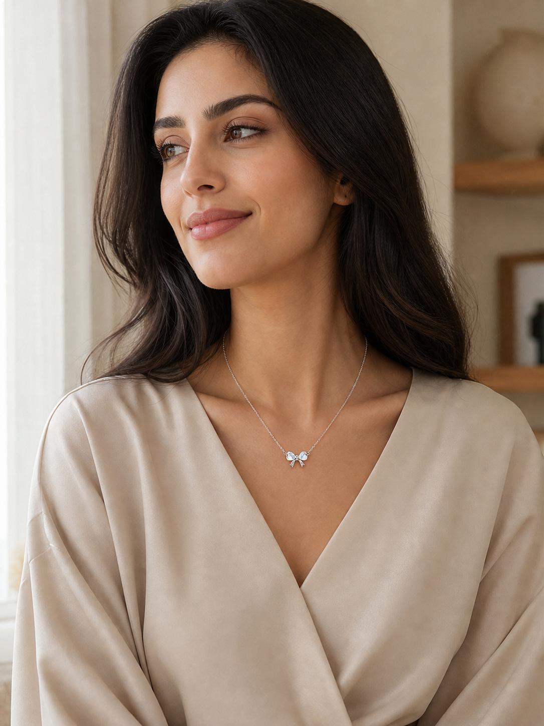 Silver Bow Zirconia Necklace