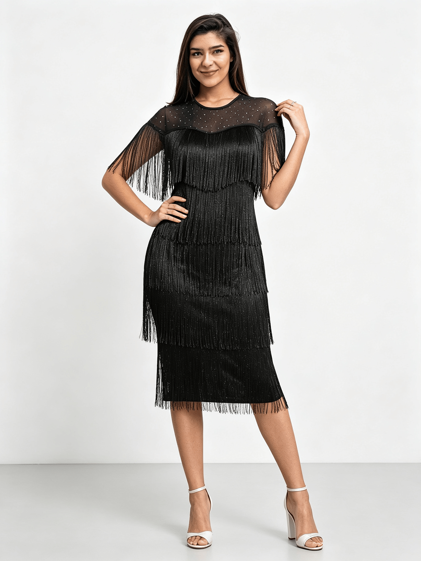 Black Embellished Fringe Sheath Dress