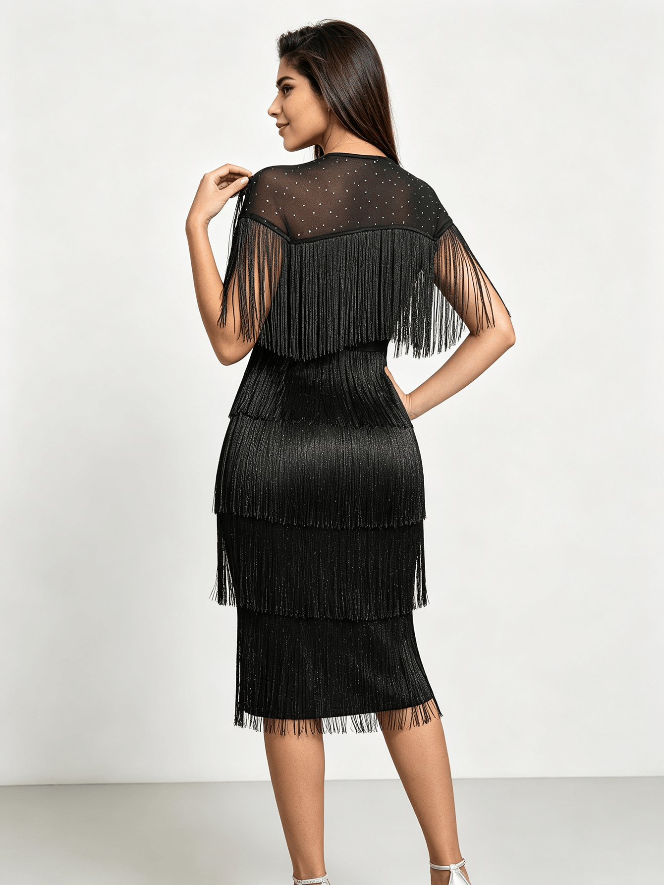 Black Embellished Fringe Sheath Dress