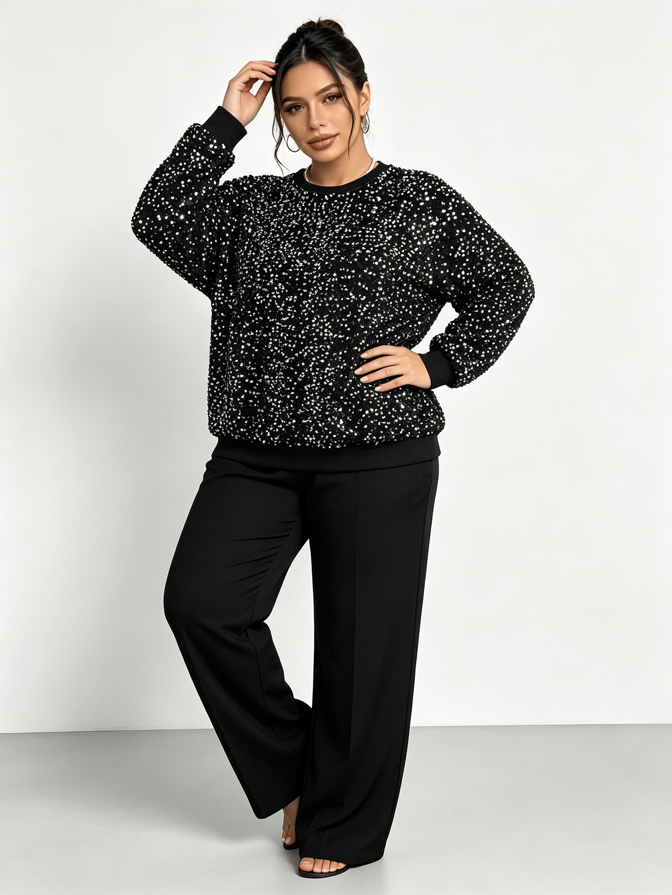 Plus Size Sparkling Black Sequin Long Sleeve Top