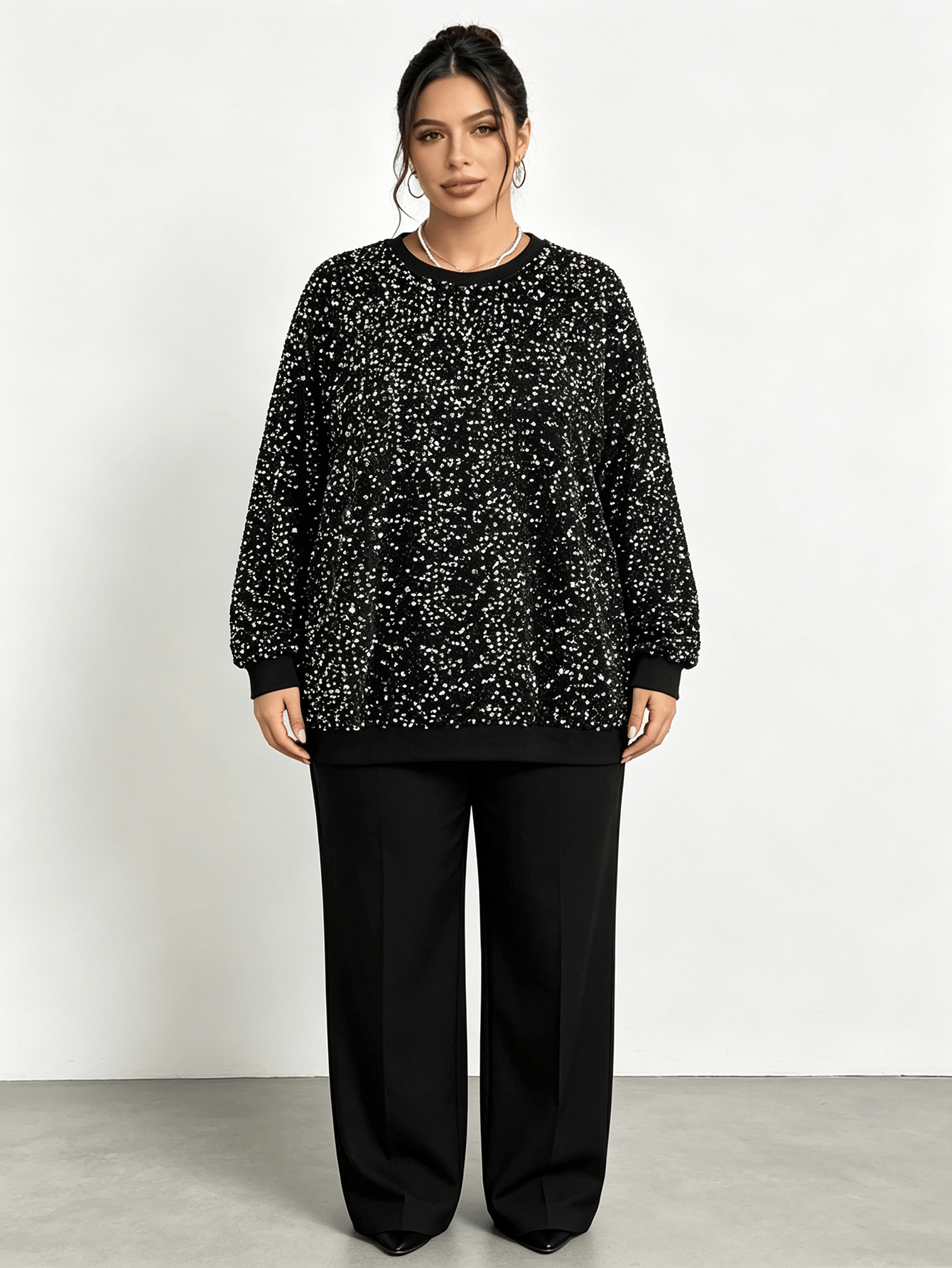 Plus Size Sparkling Black Sequin Long Sleeve Top