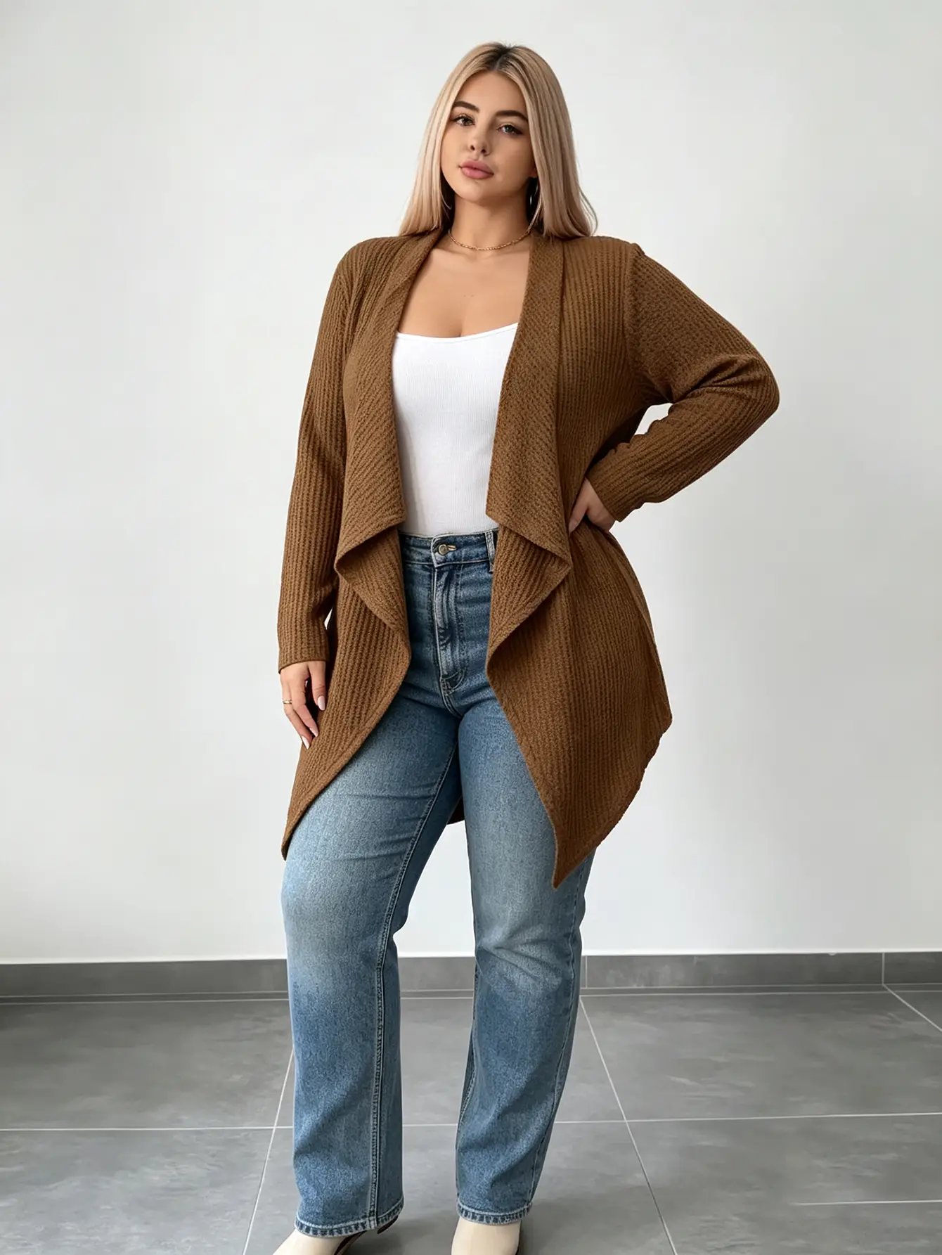 Plus Size Coffee Brown Knit Waterfall Cardigan - Regular Fit