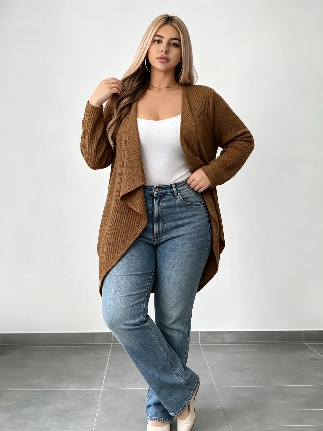Plus Size Coffee Brown Knit Waterfall Cardigan - Regular Fit