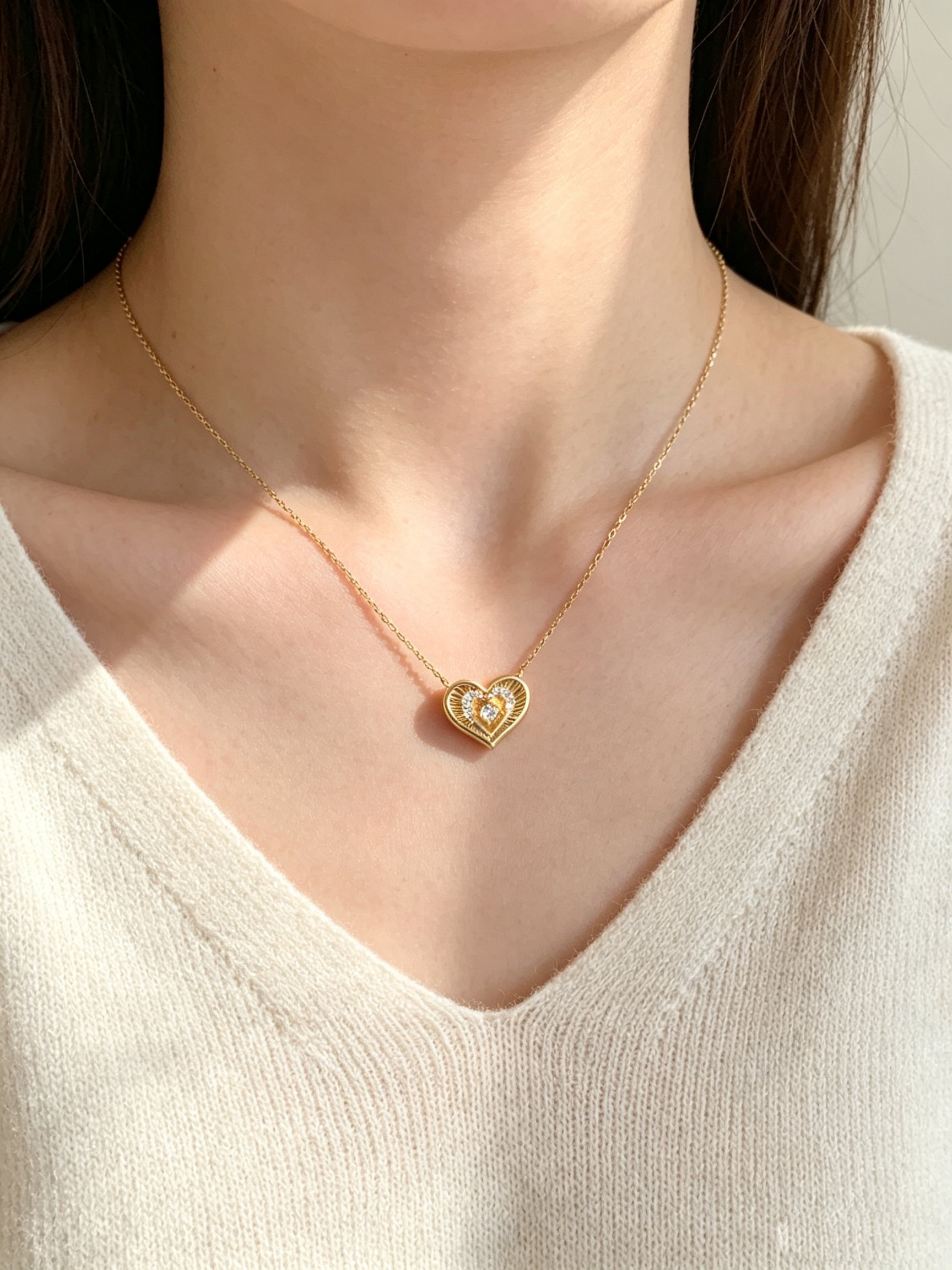 Golden Heart Pendant Necklace with Zirconia