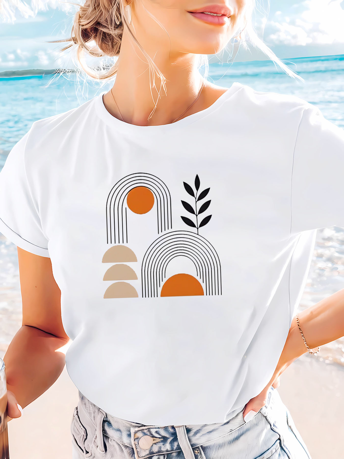White Printed Round Neck Short Sleeve T-Shirt