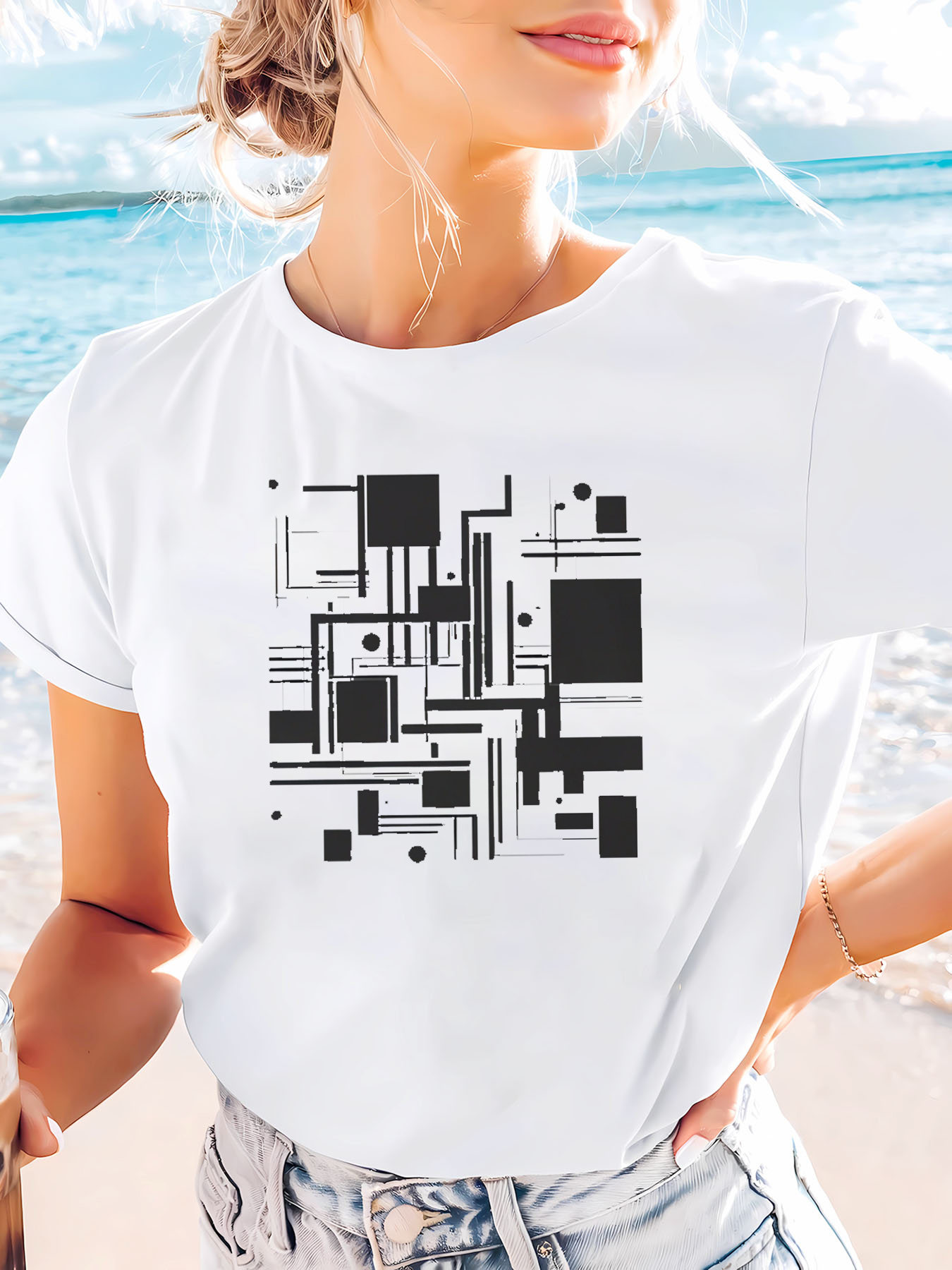 White Printed Round Neck Short Sleeve T-Shirt