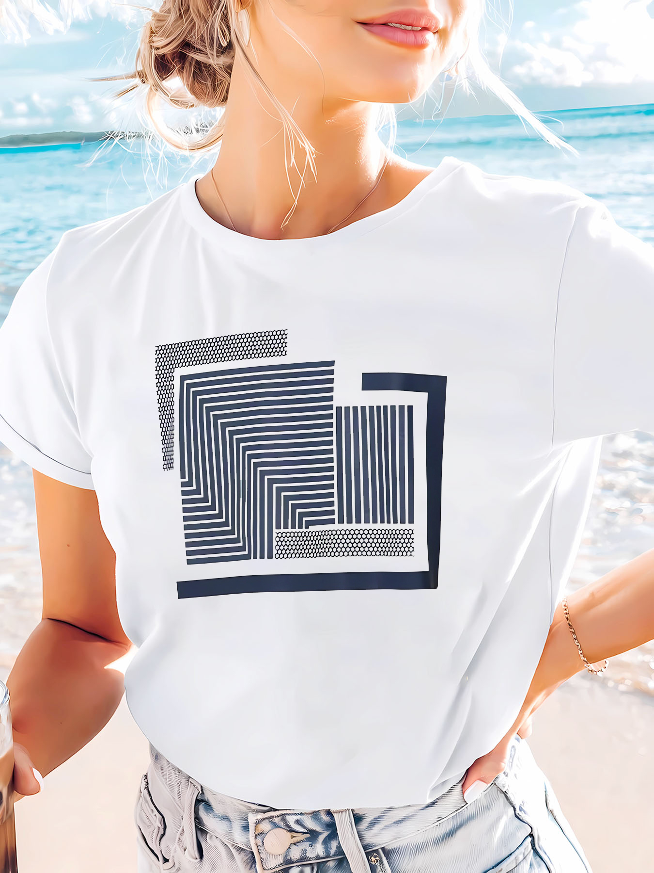 White Knitted Printed Round Neck Short Sleeve T-Shirt