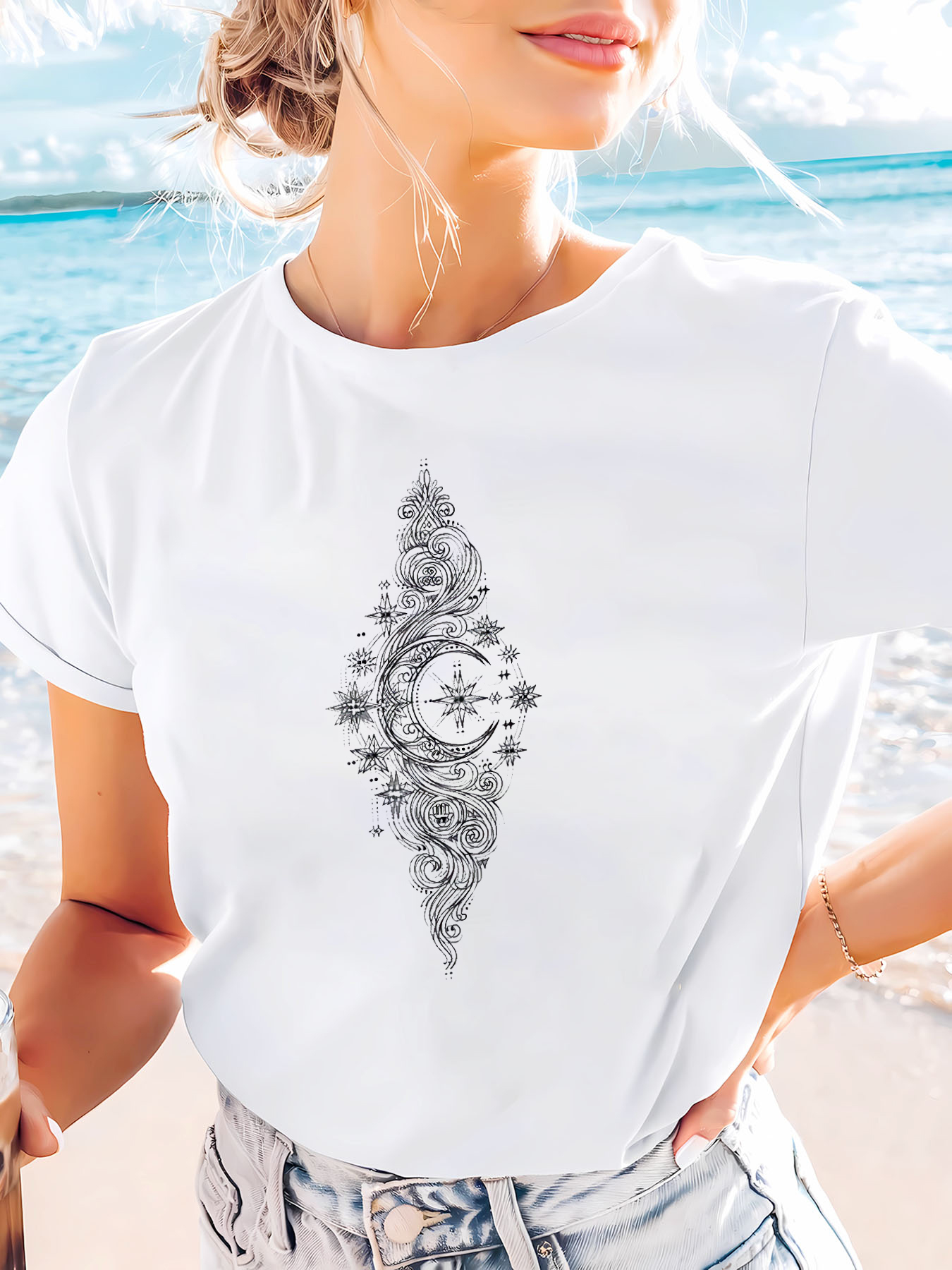 White Printed Round Neck Short Sleeve T-Shirt