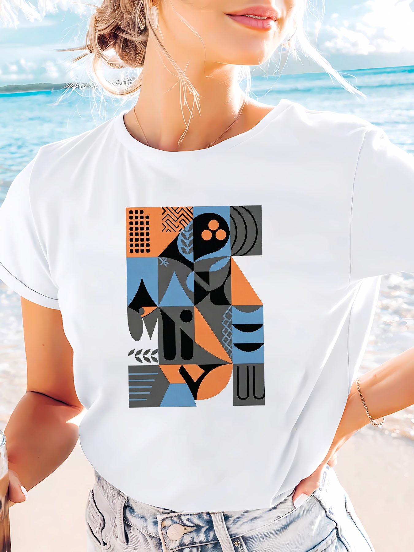 White Printed Round Neck Short Sleeve T-Shirt