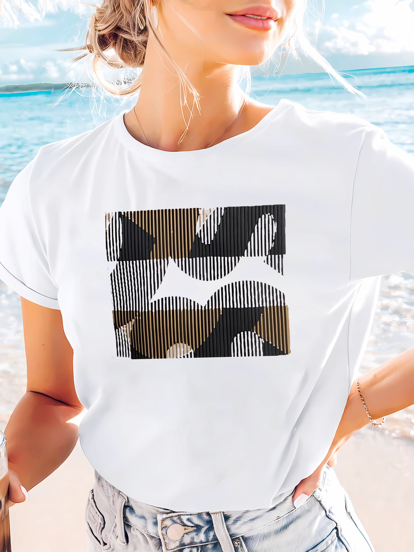 White Printed Round Neck Short Sleeve T-Shirt