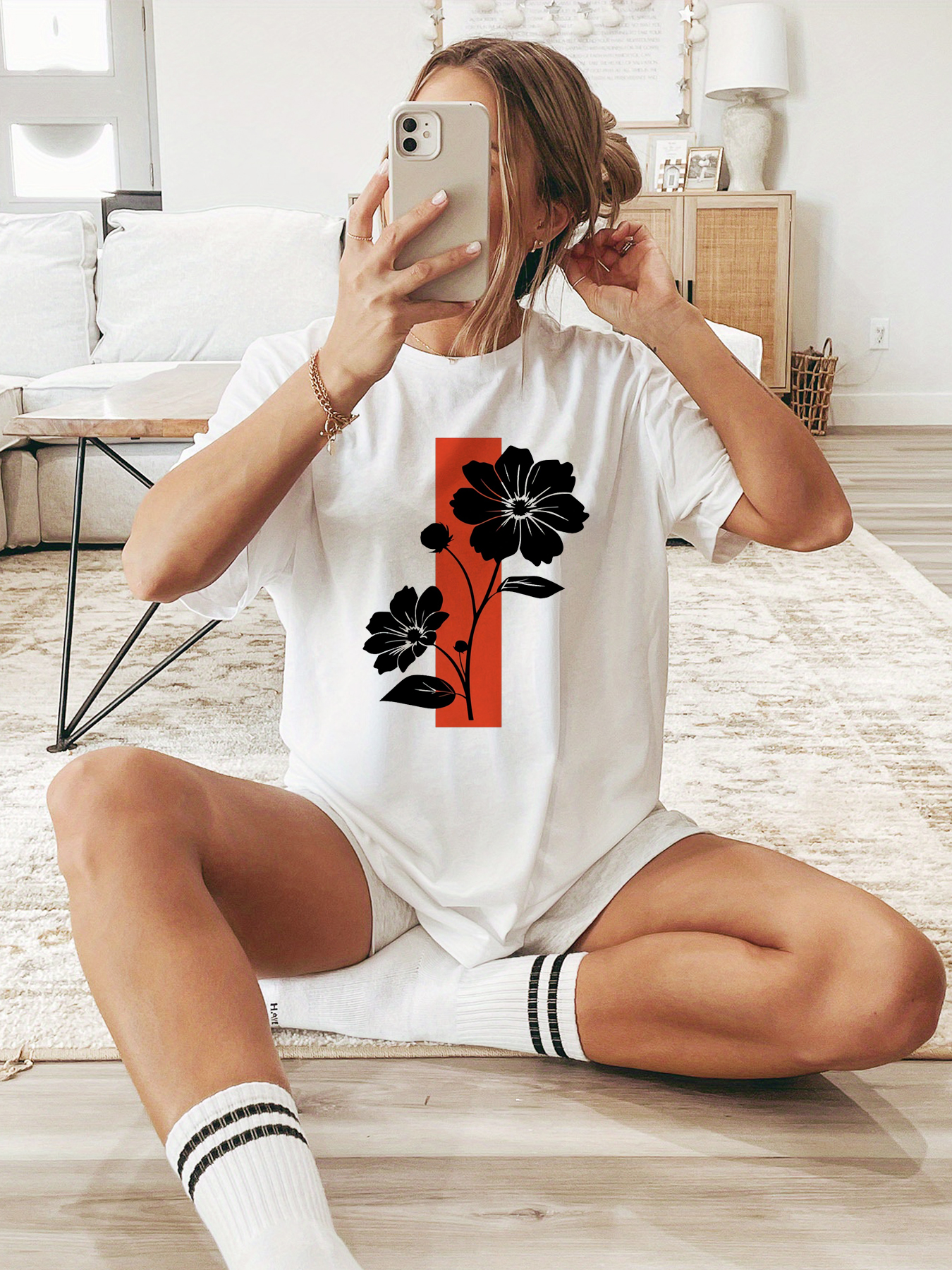 White Printed Short Sleeve Round Neck T-Shirt