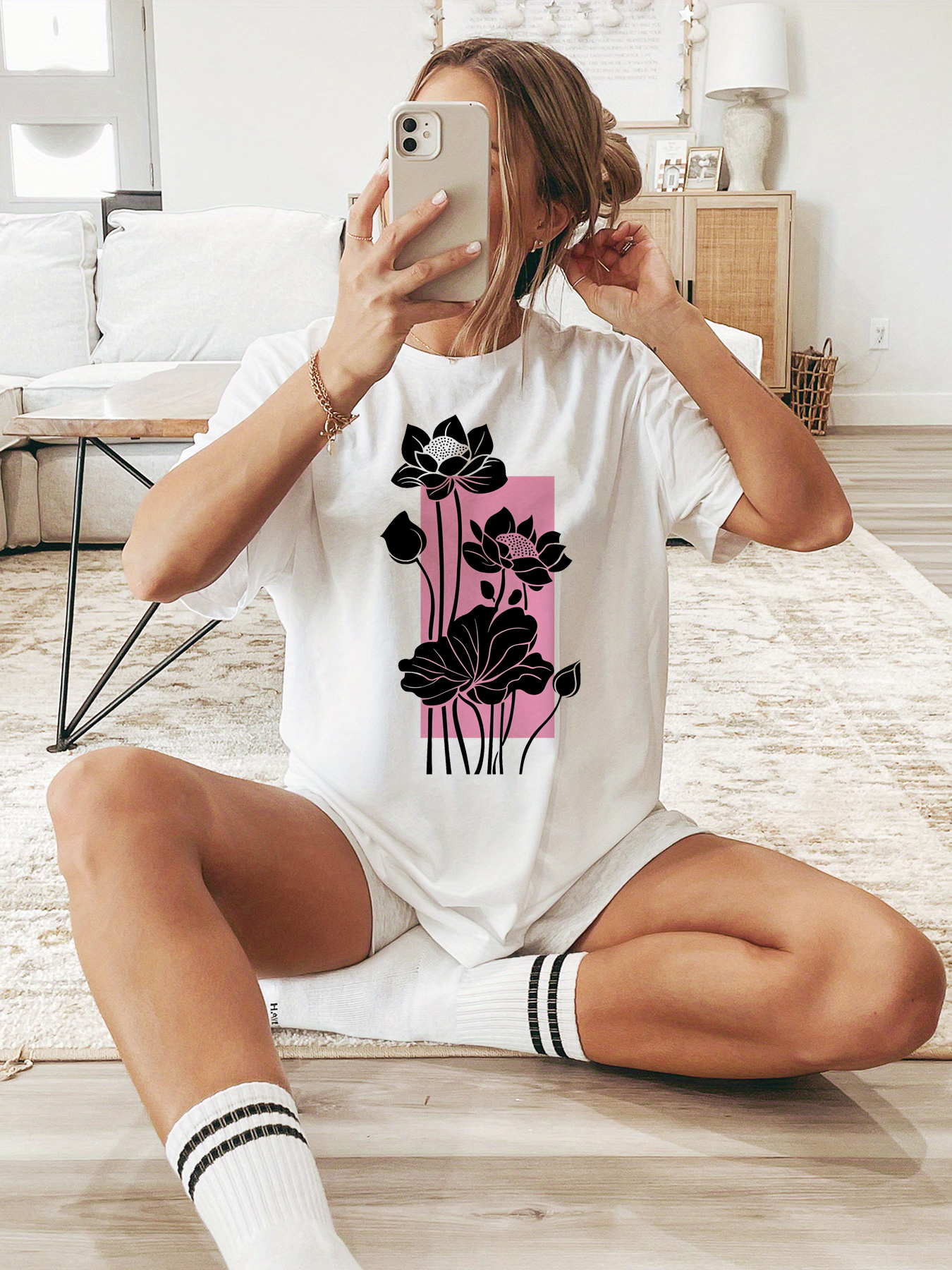 White Lotus Print Round Neck Regular Fit T-Shirt