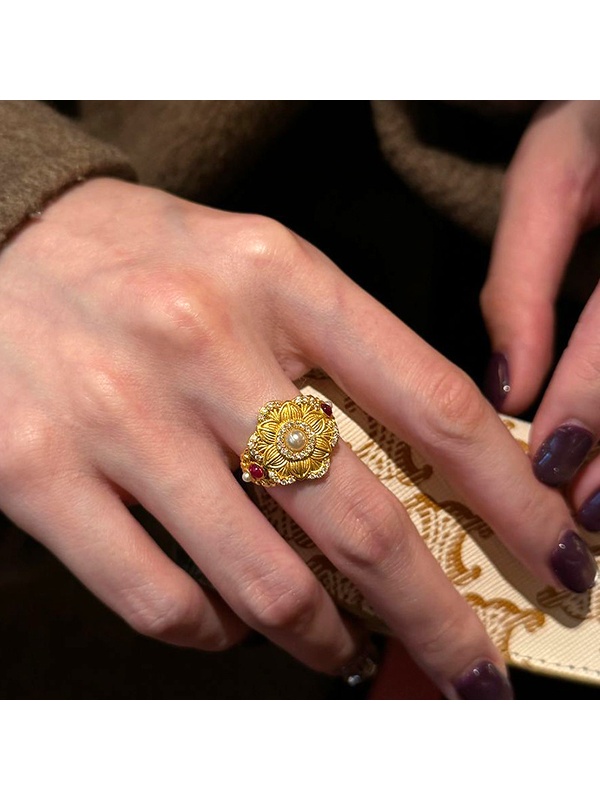 Golden Blossom Pearl Ring