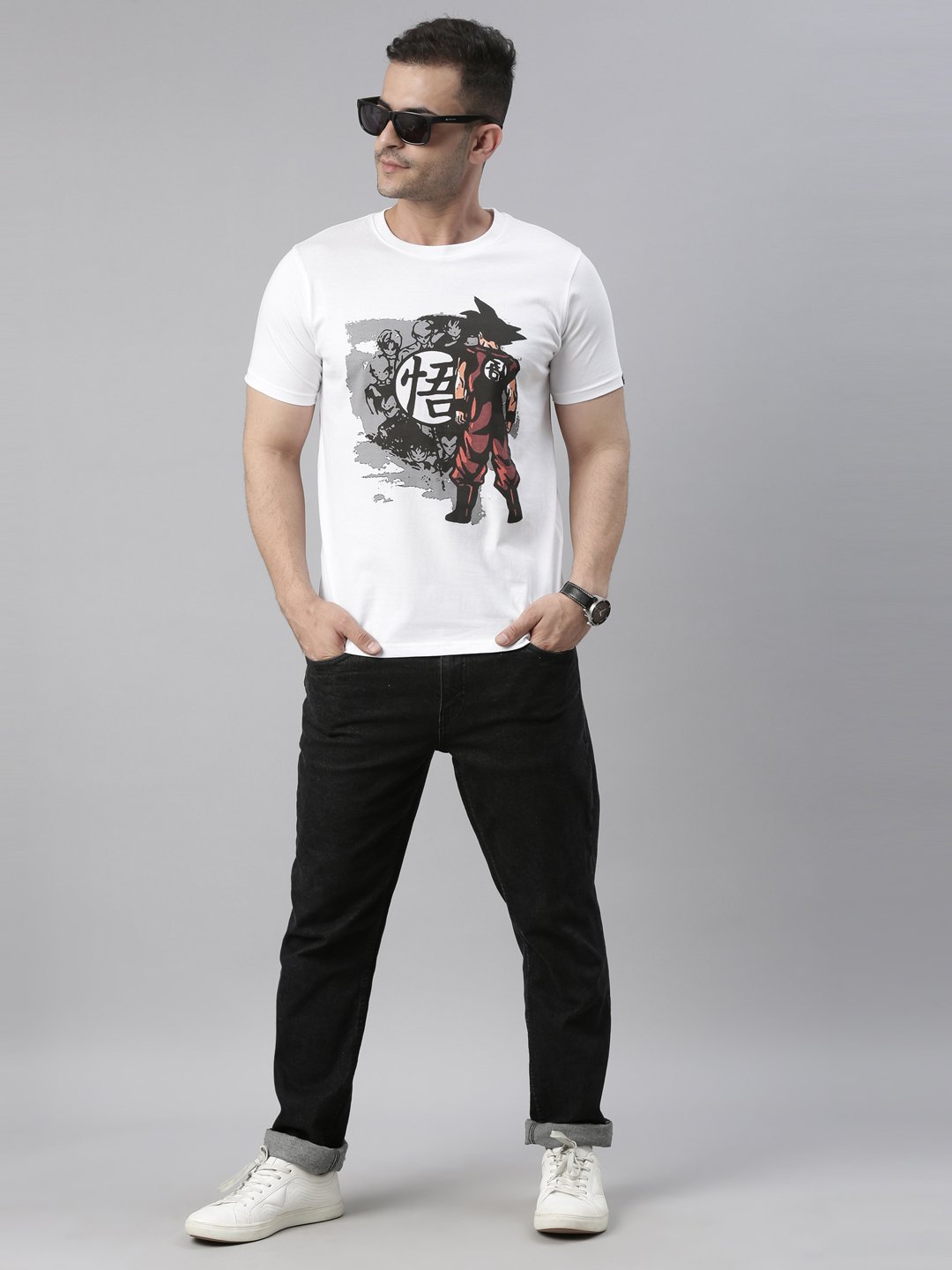 White Graphic Round Neck T-Shirt - Dragon Ball Z Goku Print