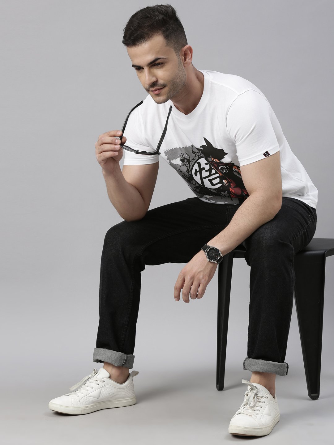 White Graphic Round Neck T-Shirt - Dragon Ball Z Goku Print