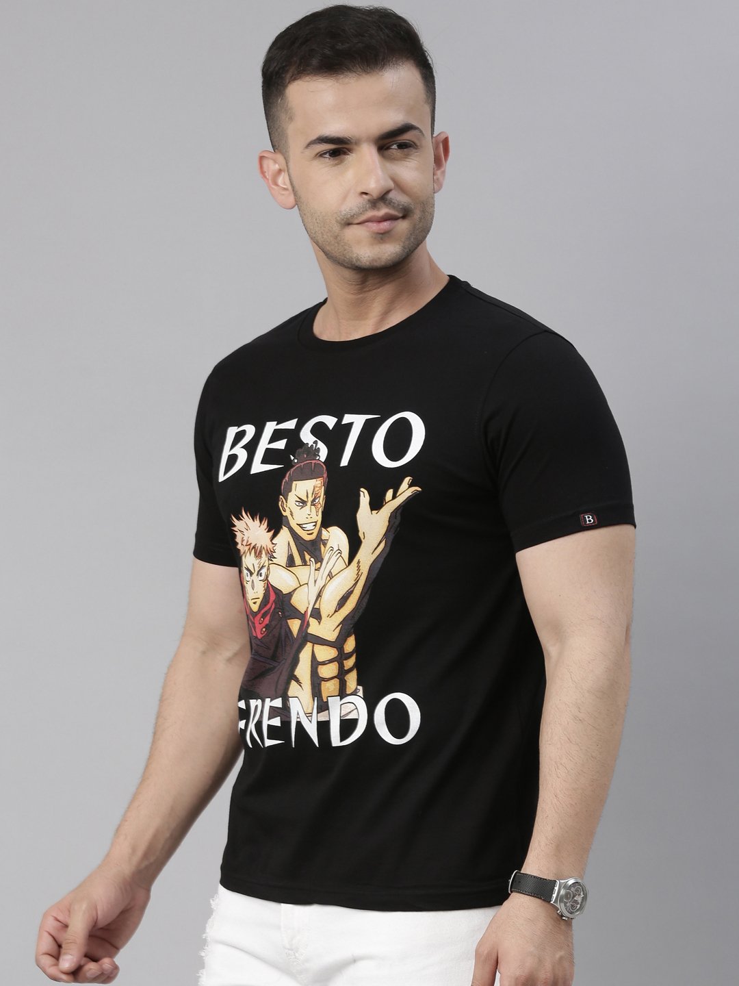 Black Graphic Round Neck T-Shirt - Besto Frendo Anime Print