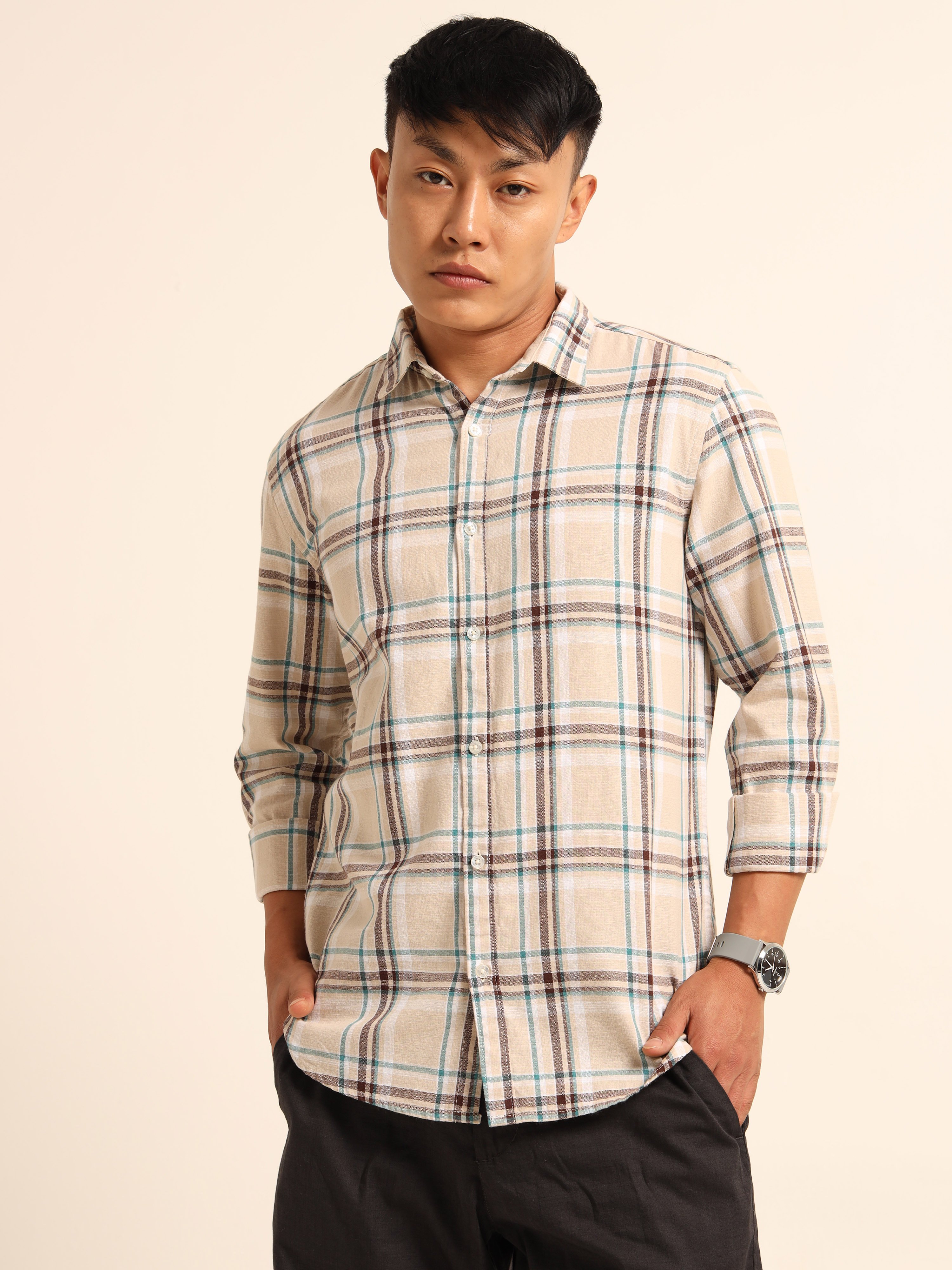 Beige Plaid Long Sleeves Casual Shirt