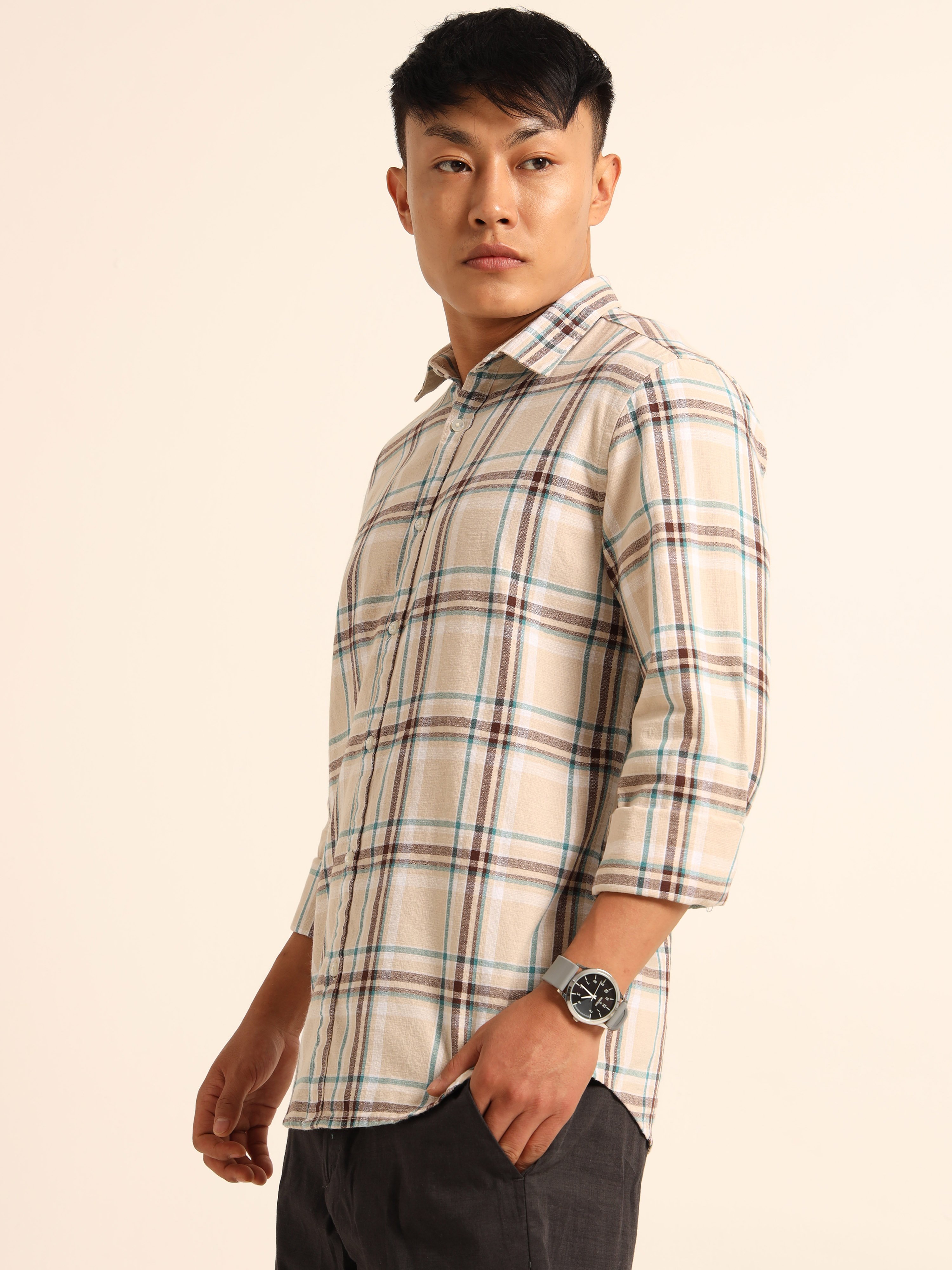 Beige Plaid Long Sleeves Casual Shirt