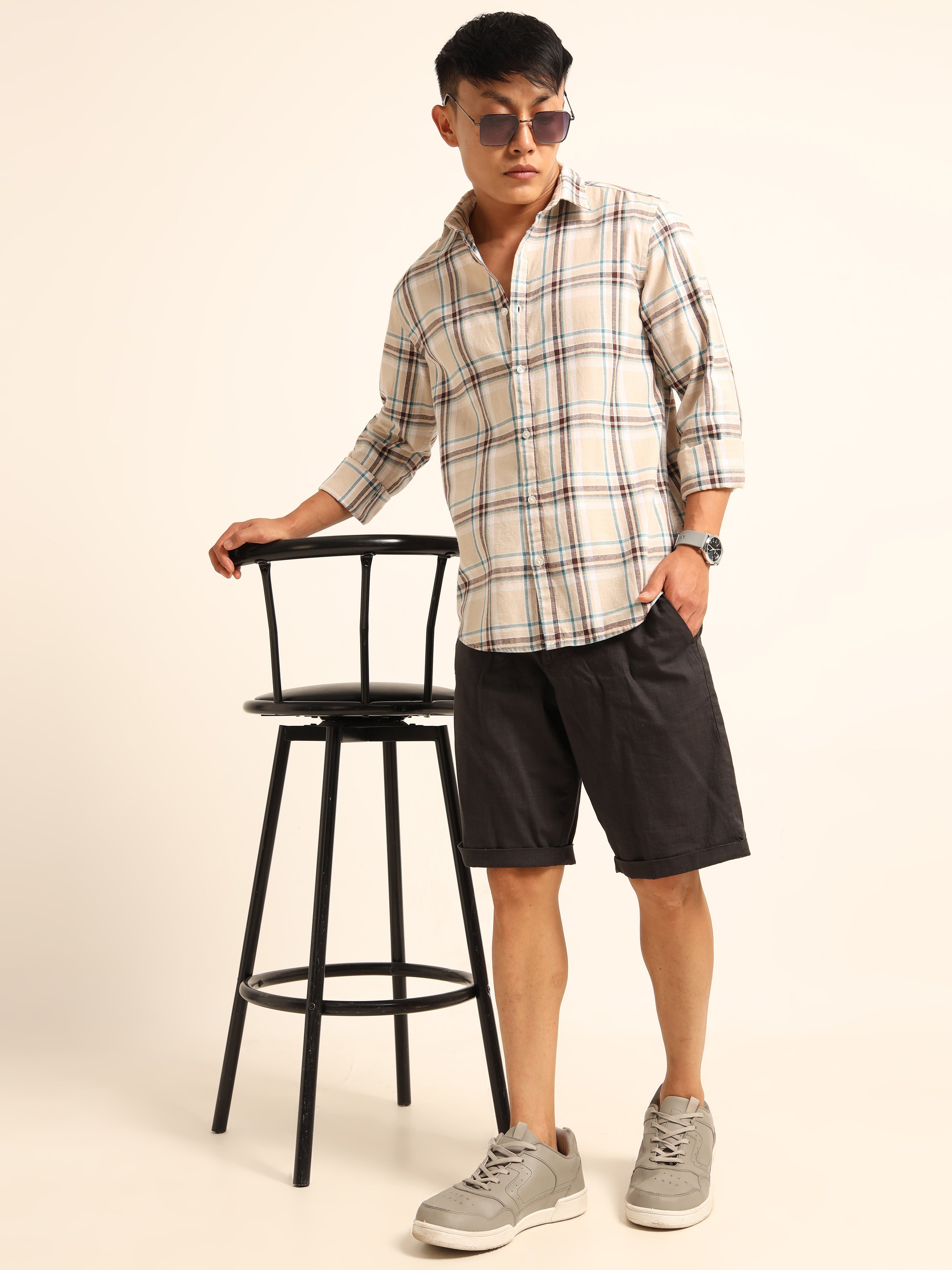 Beige Plaid Long Sleeves Casual Shirt