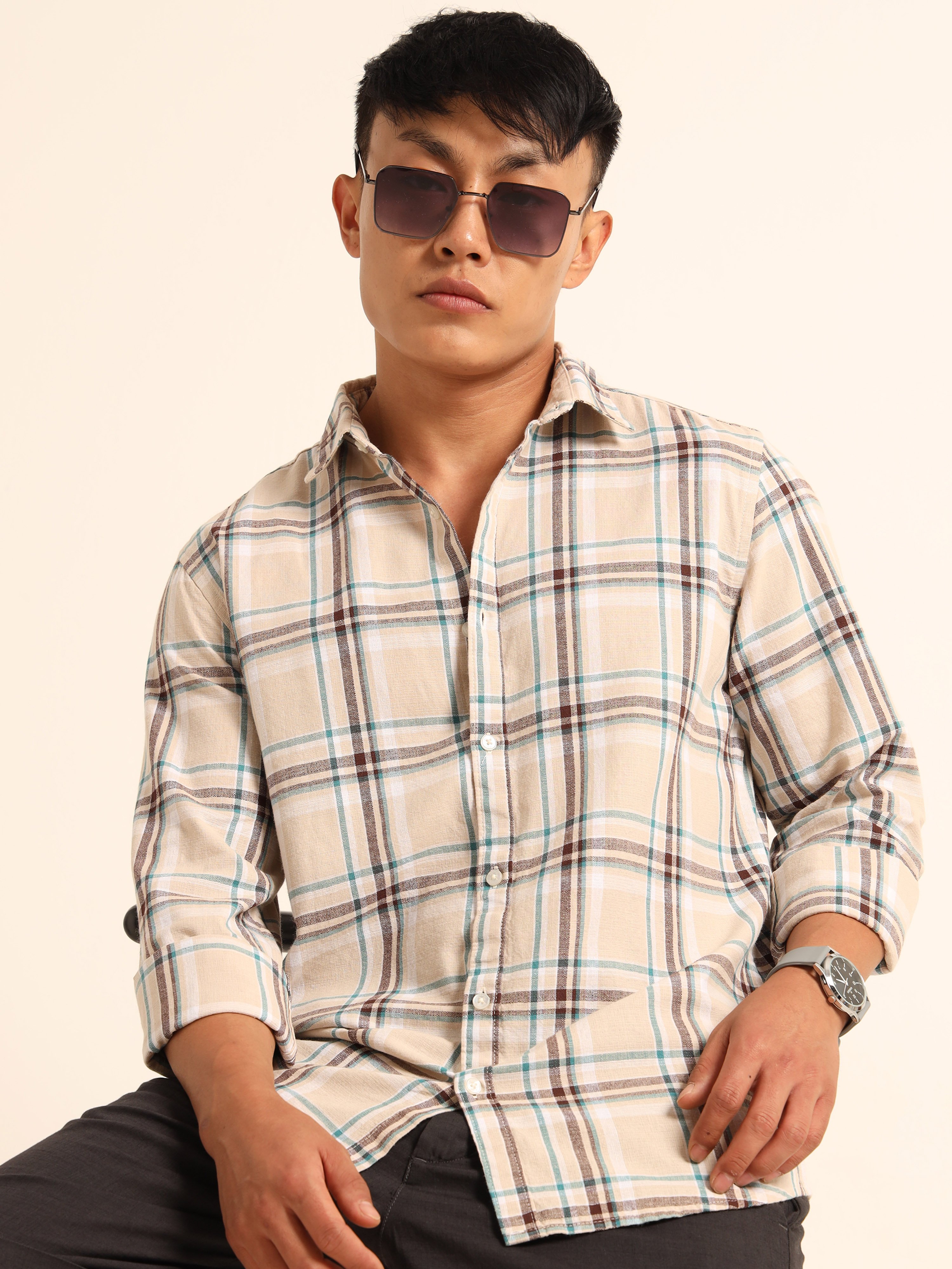 Beige Plaid Long Sleeves Casual Shirt
