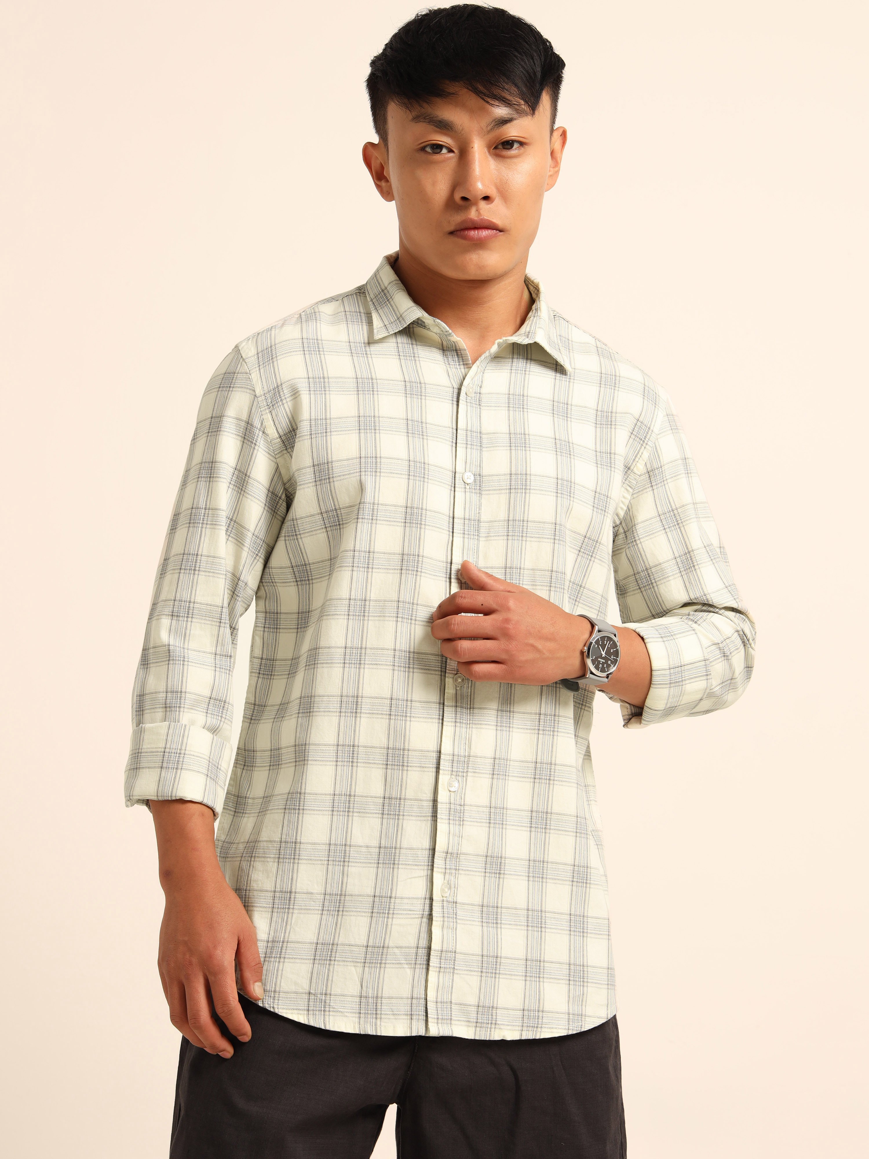 Cream Checked Long Sleeves Casual Shirt