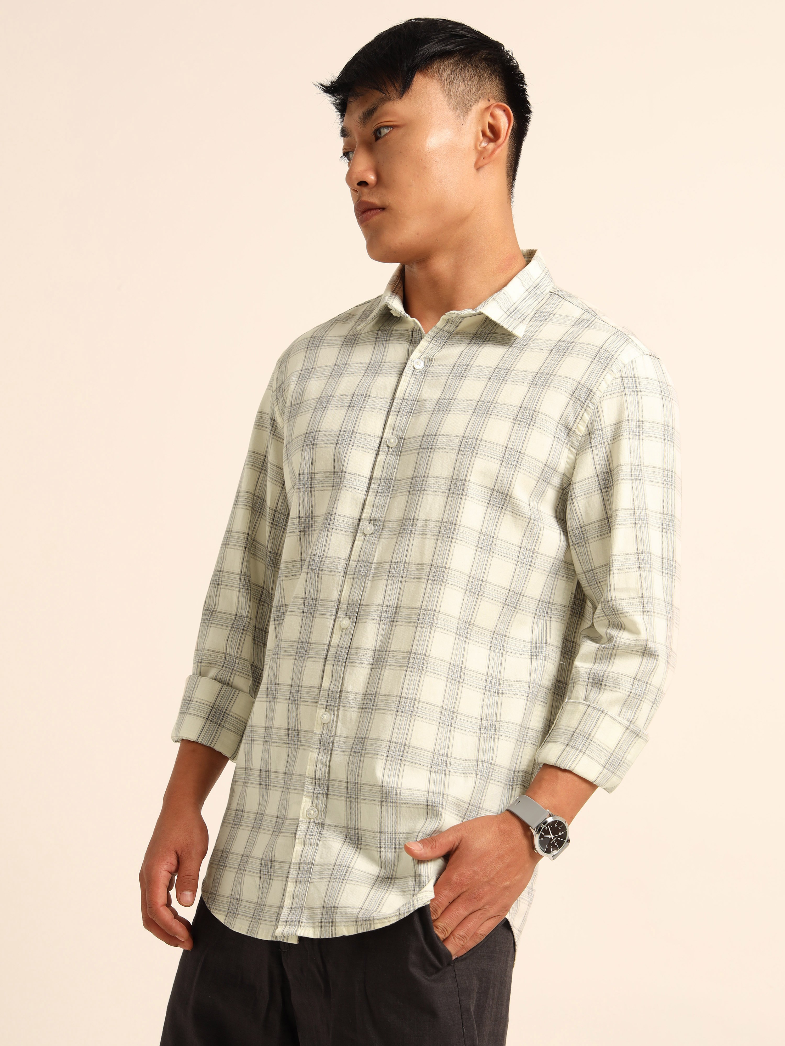 Cream Checked Long Sleeves Casual Shirt