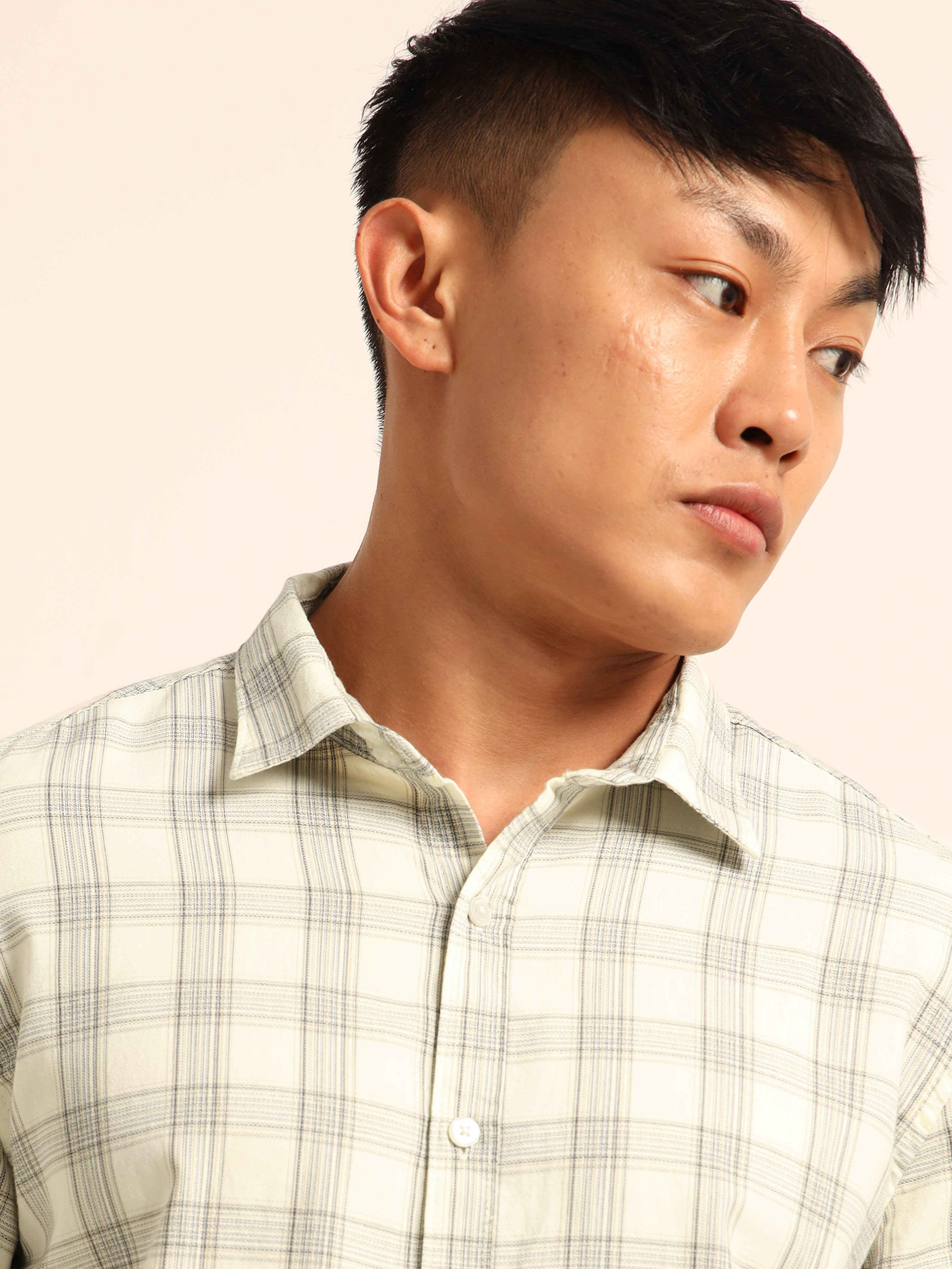 Cream Checked Long Sleeves Casual Shirt