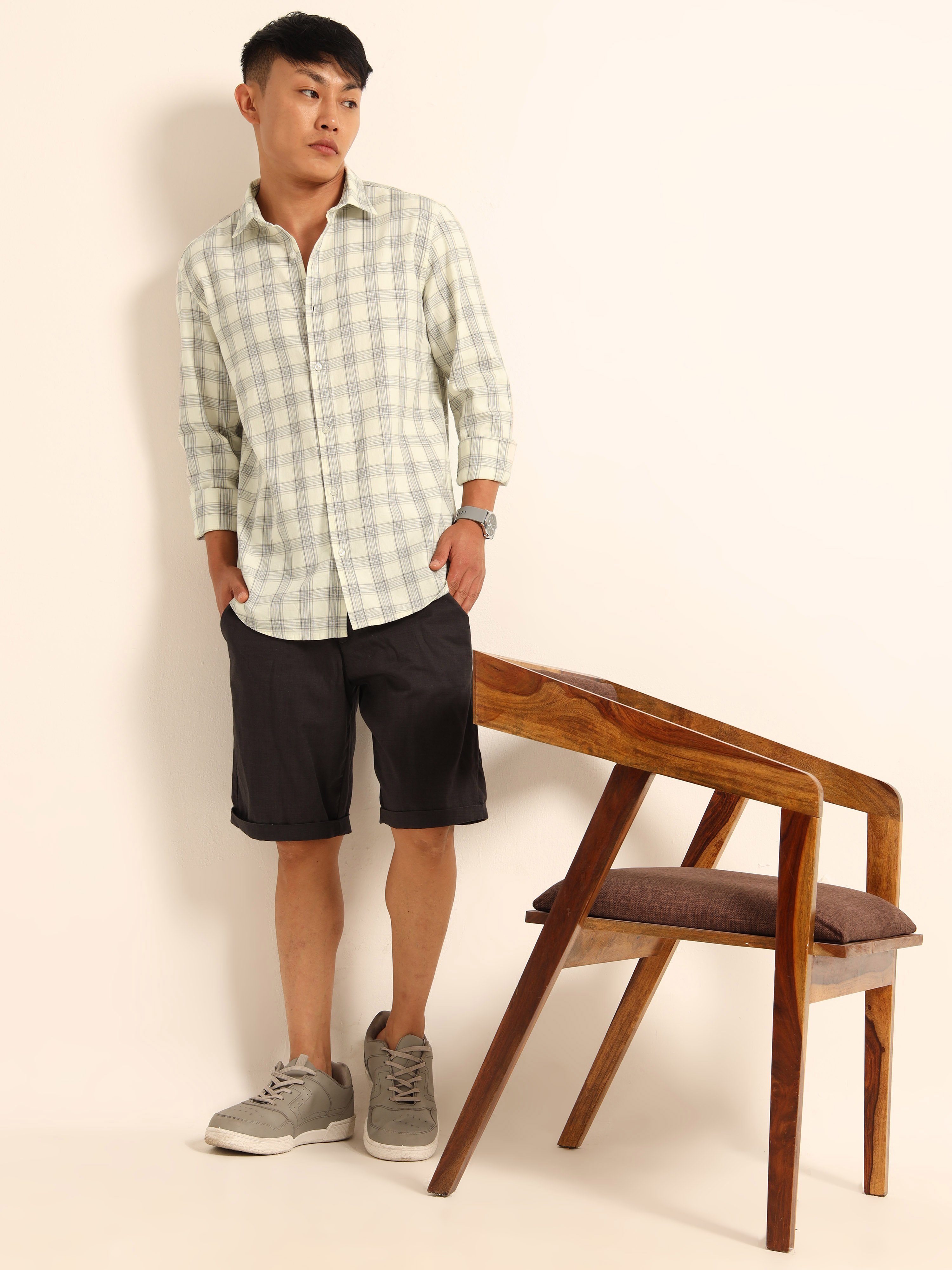 Cream Checked Long Sleeves Casual Shirt