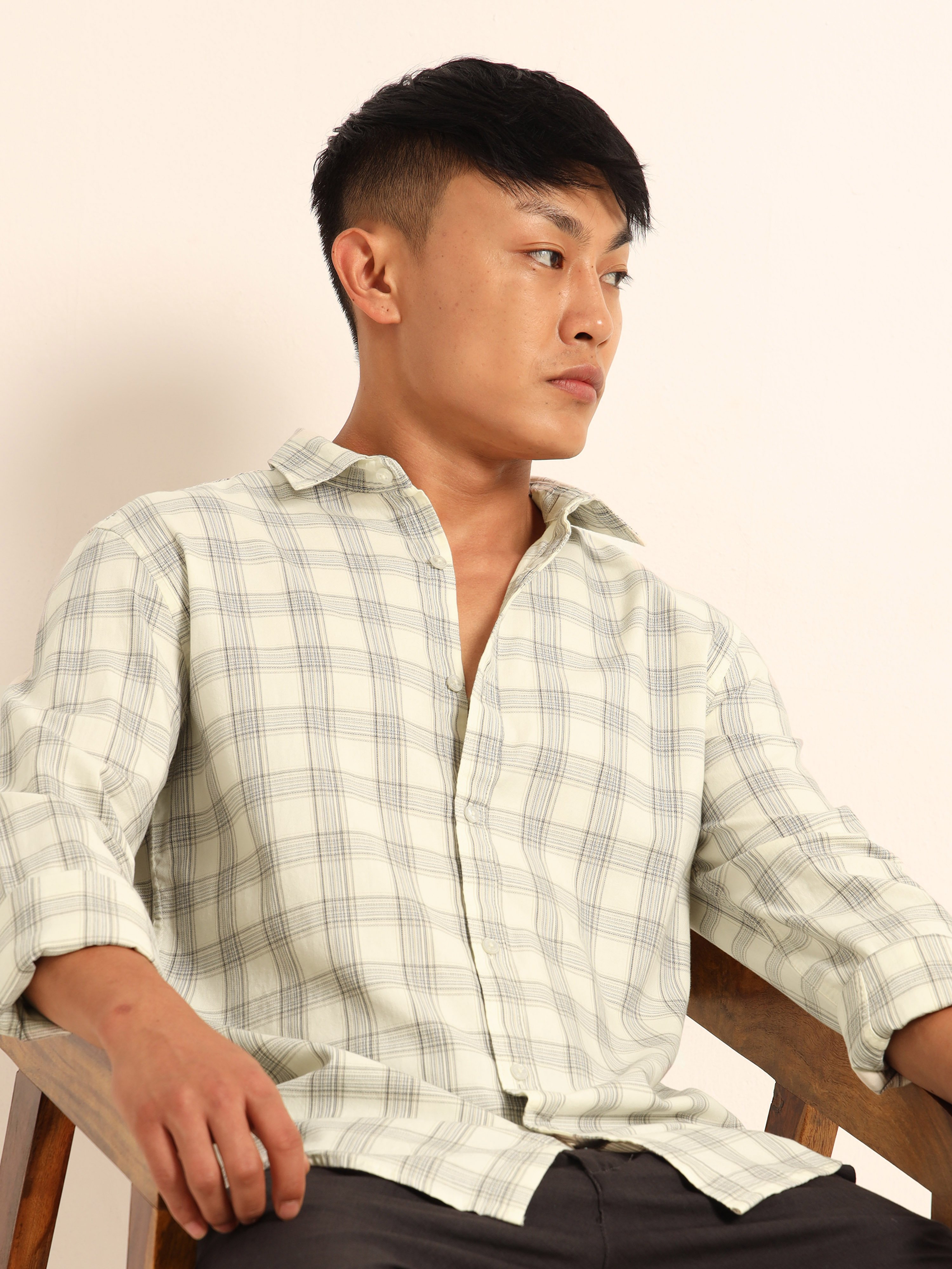 Cream Checked Long Sleeves Casual Shirt