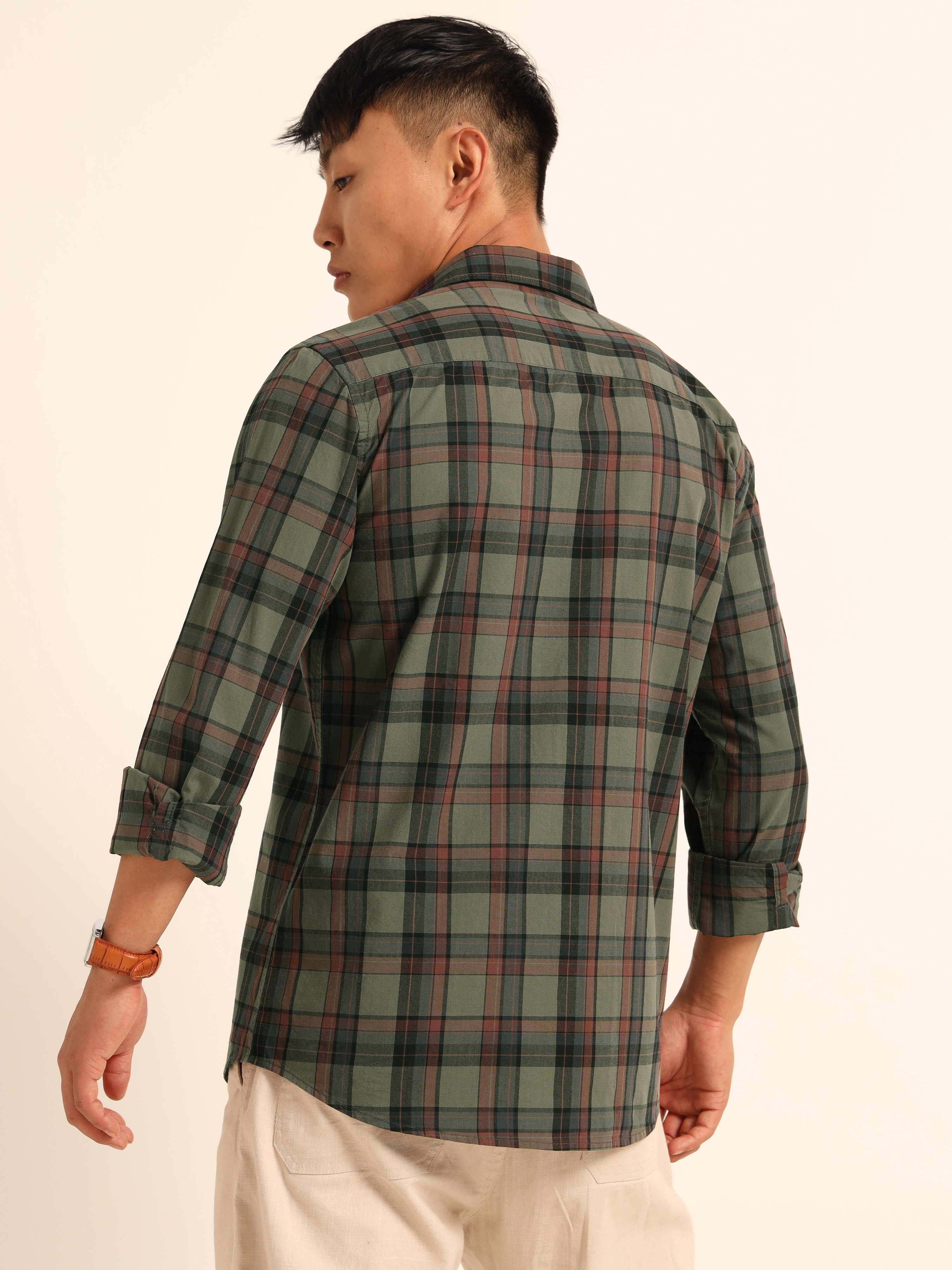 Dark Green Bushirt Check Long Sleeves Shirt