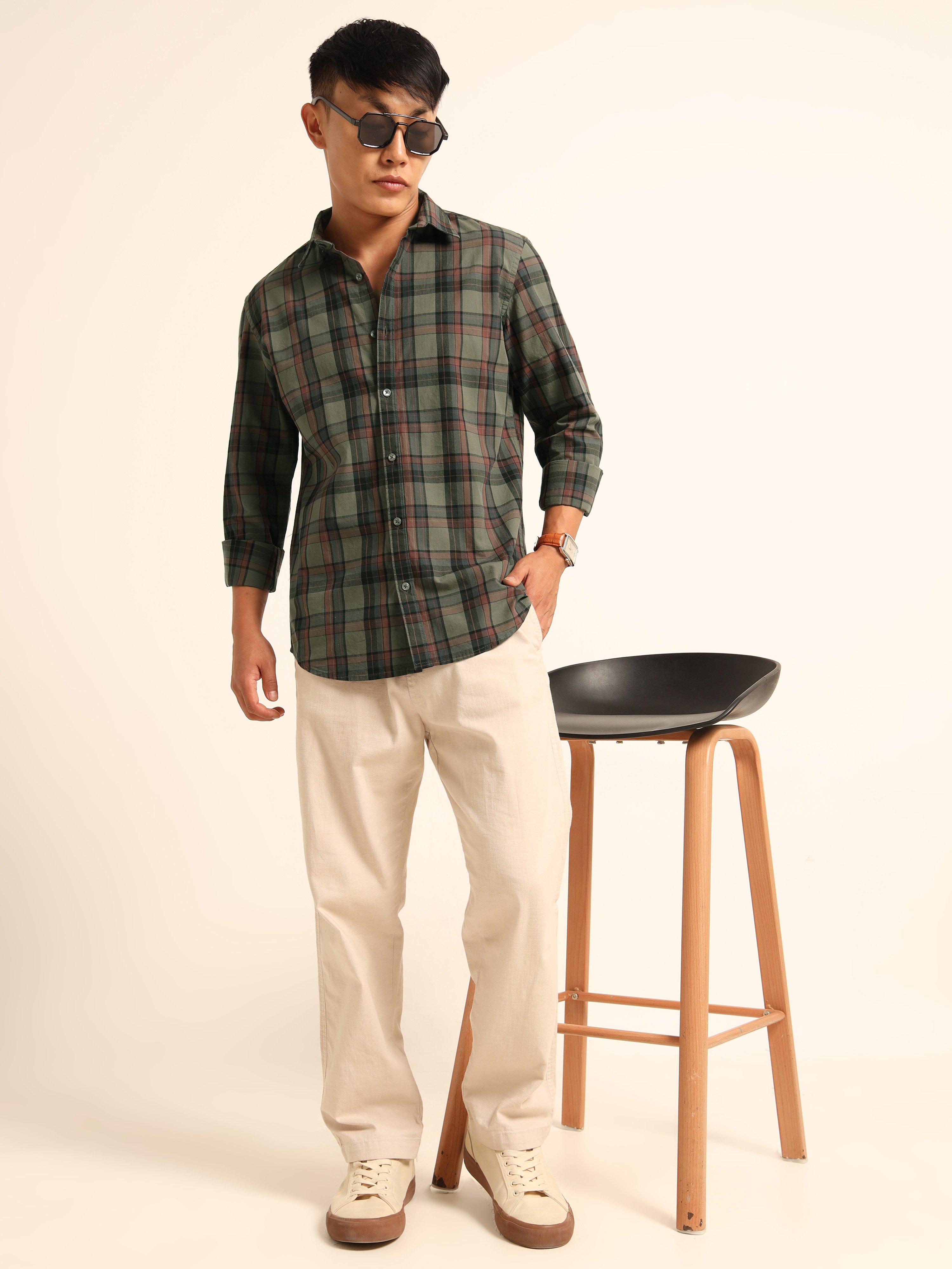 Dark Green Bushirt Check Long Sleeves Shirt