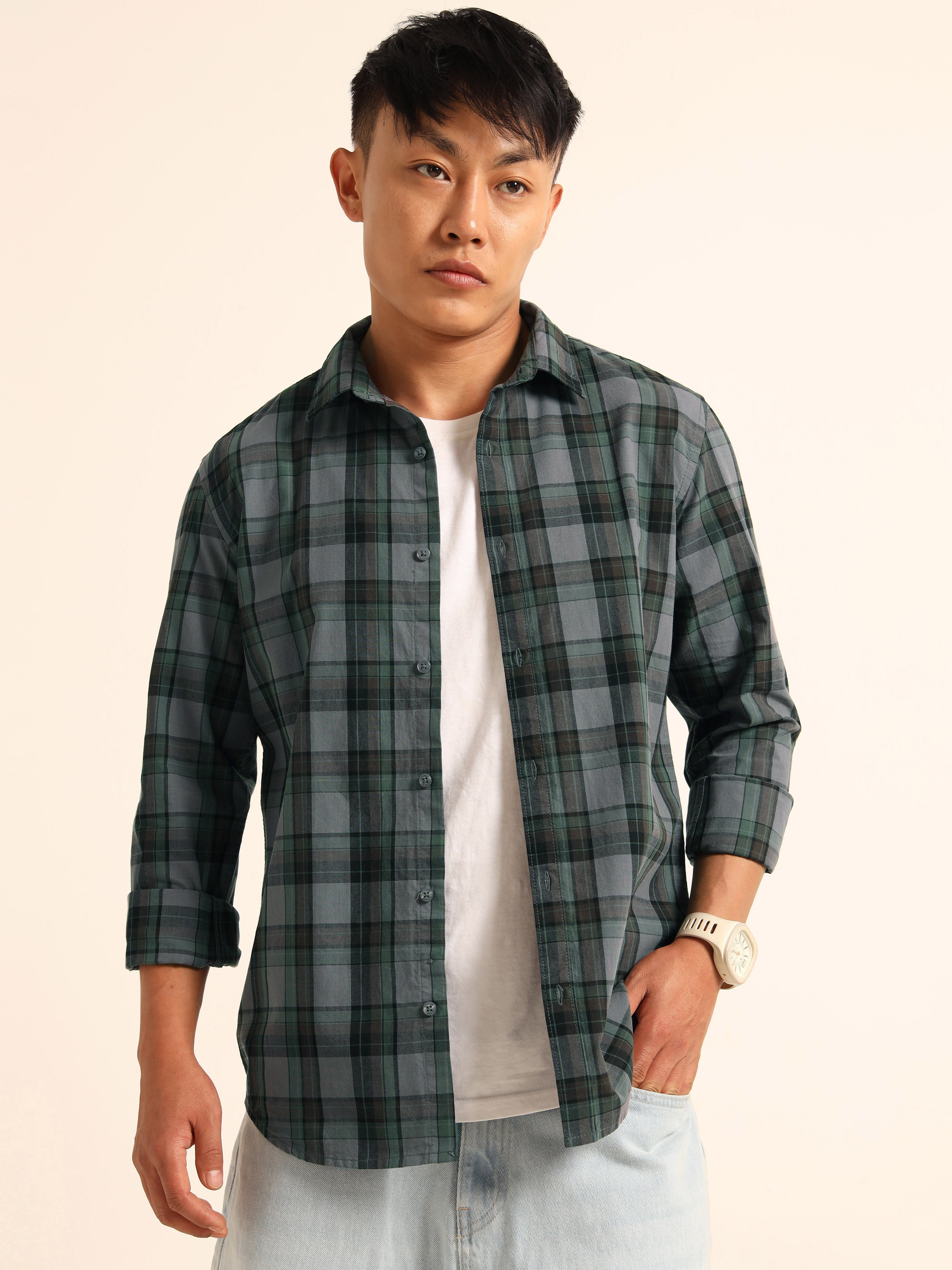 Blue and Green Plaid Spread Collar Shirt