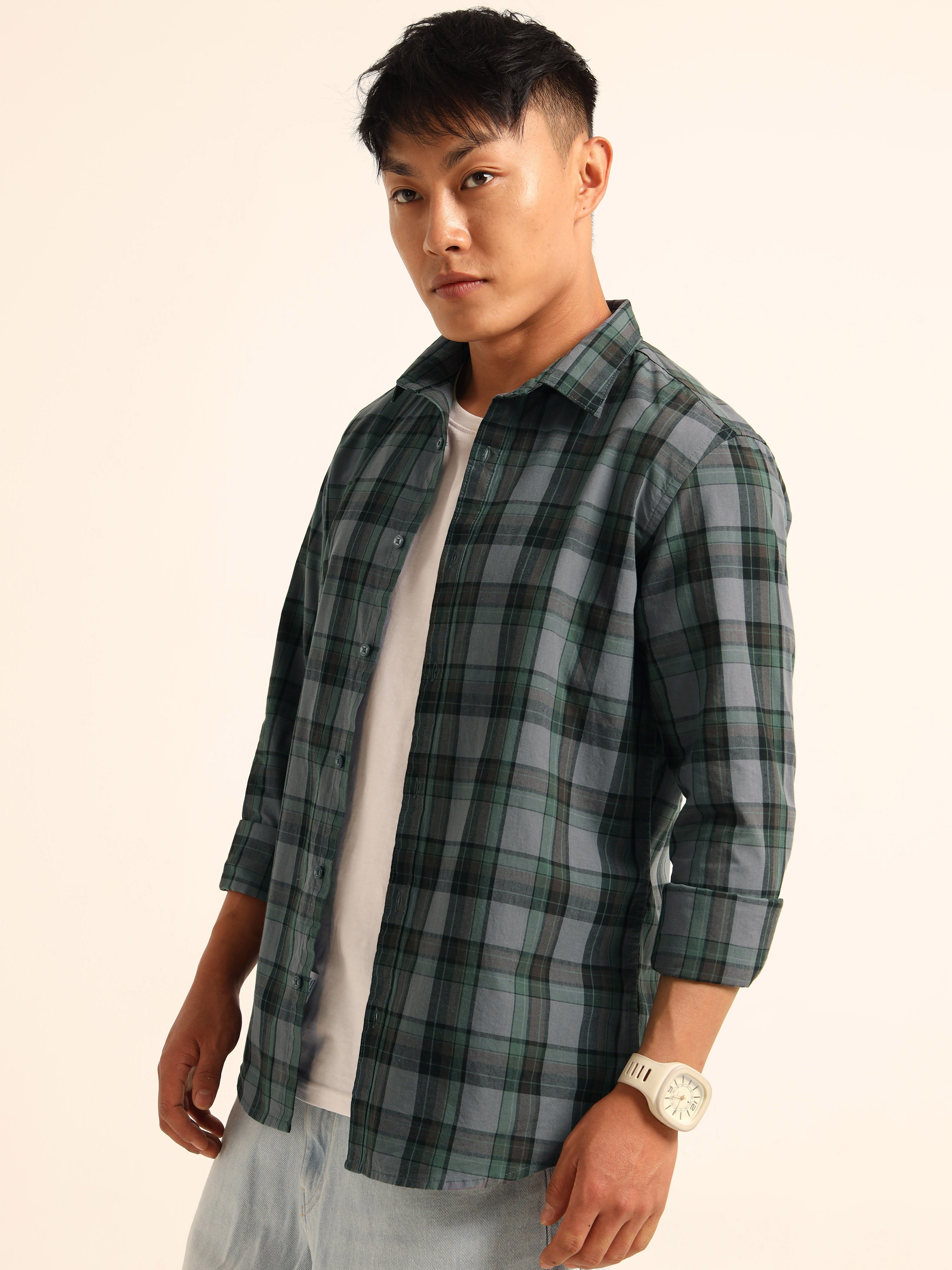 Blue and Green Plaid Spread Collar Shirt