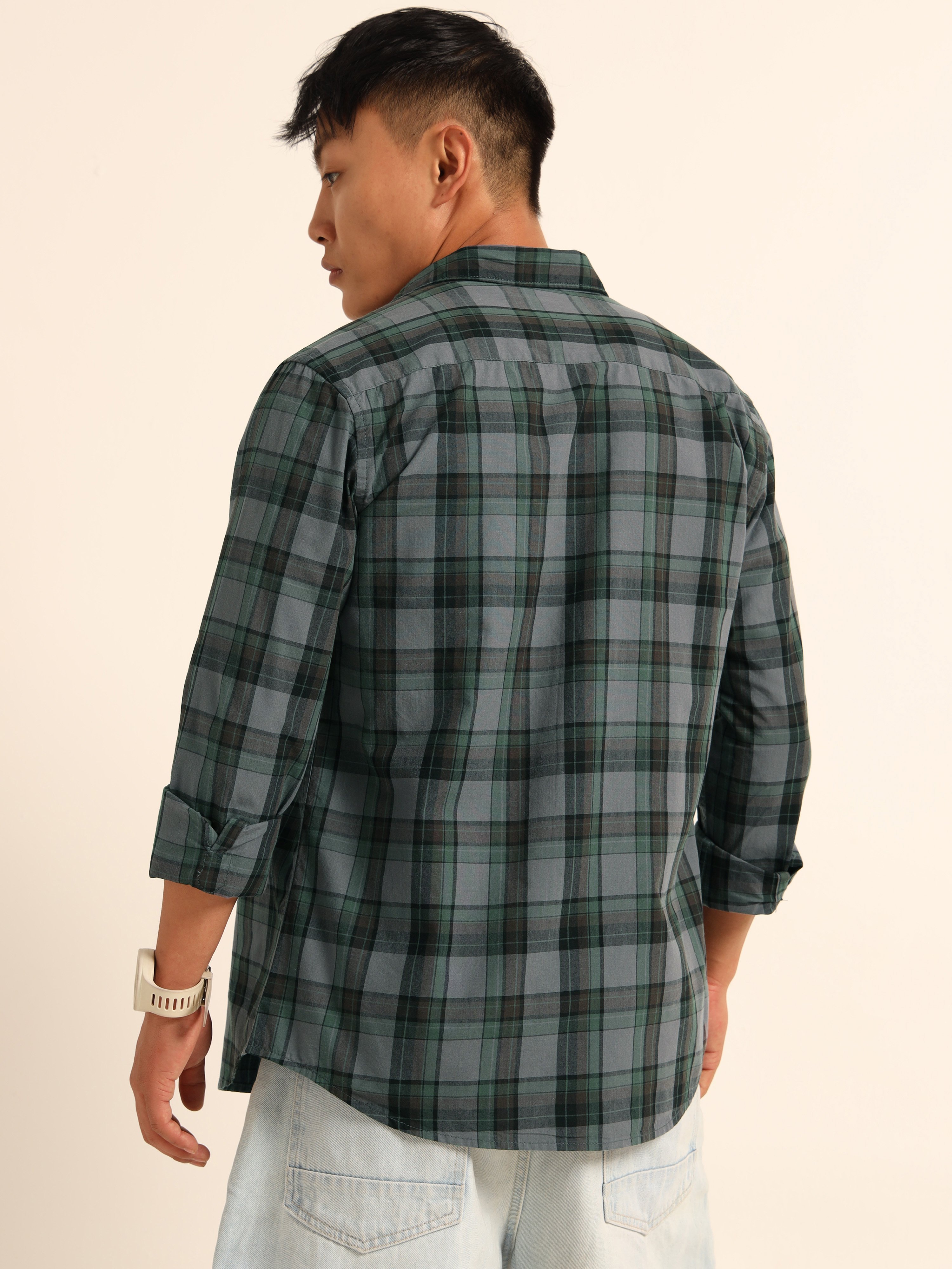 Blue and Green Plaid Spread Collar Shirt
