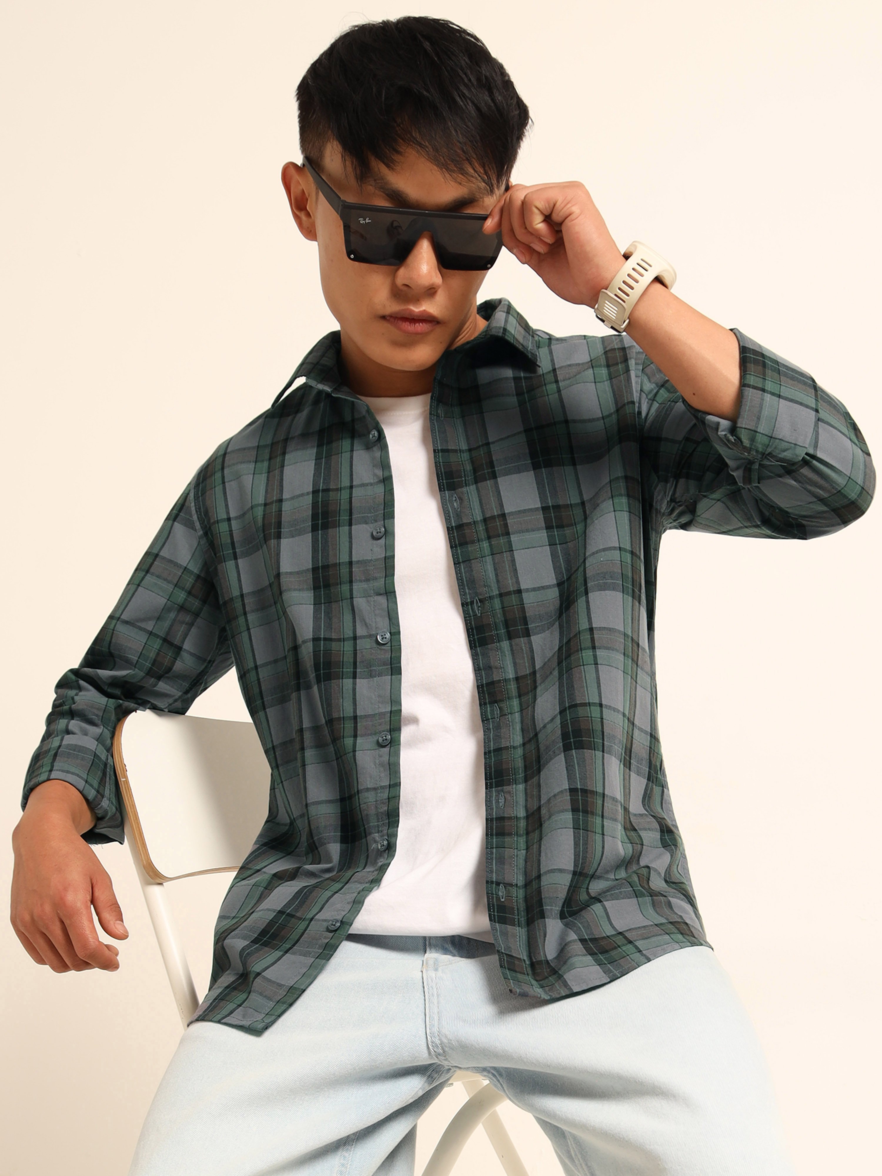 Blue and Green Plaid Spread Collar Shirt
