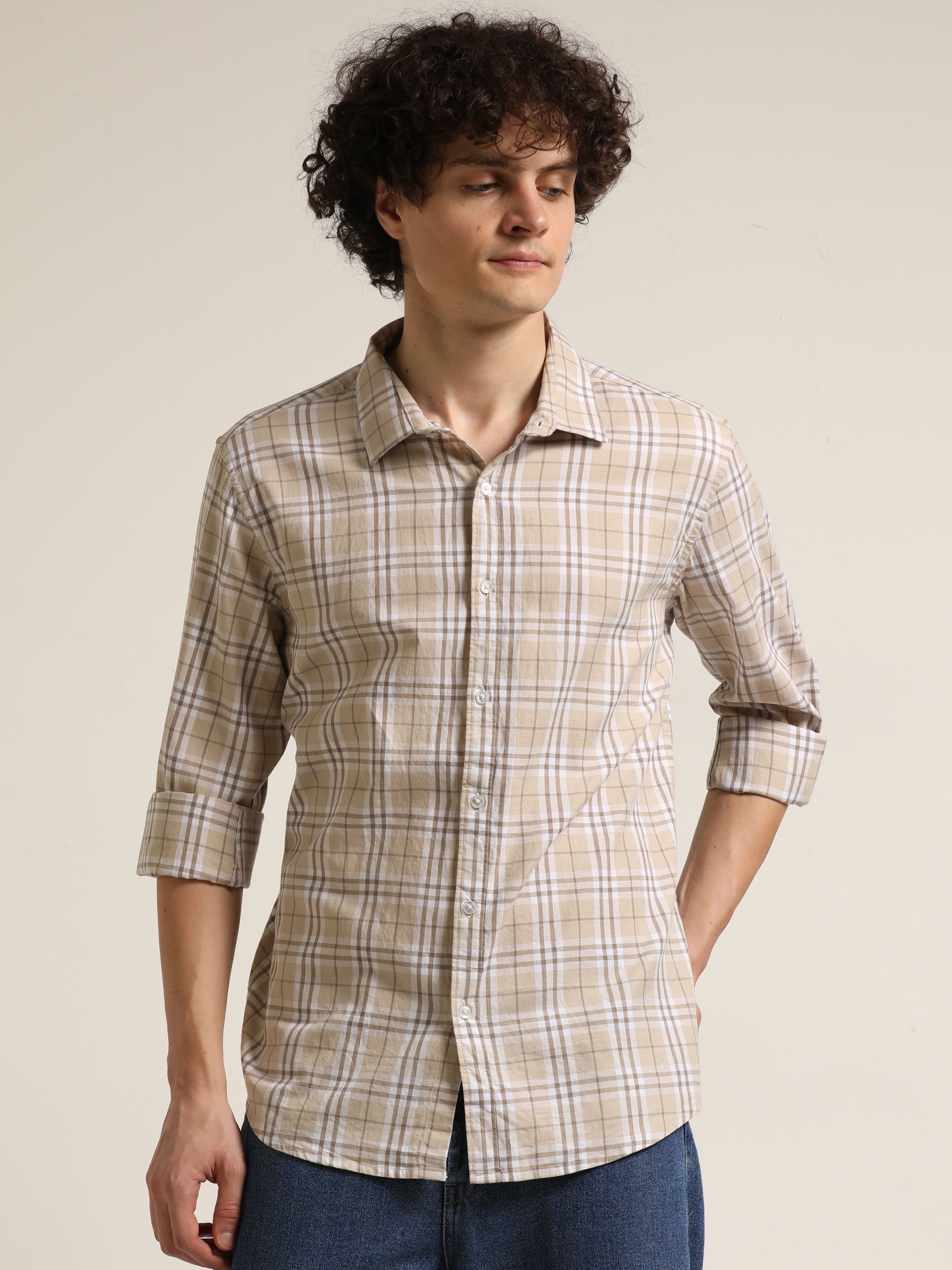Beige Bushirt Check Long Sleeves Shirt