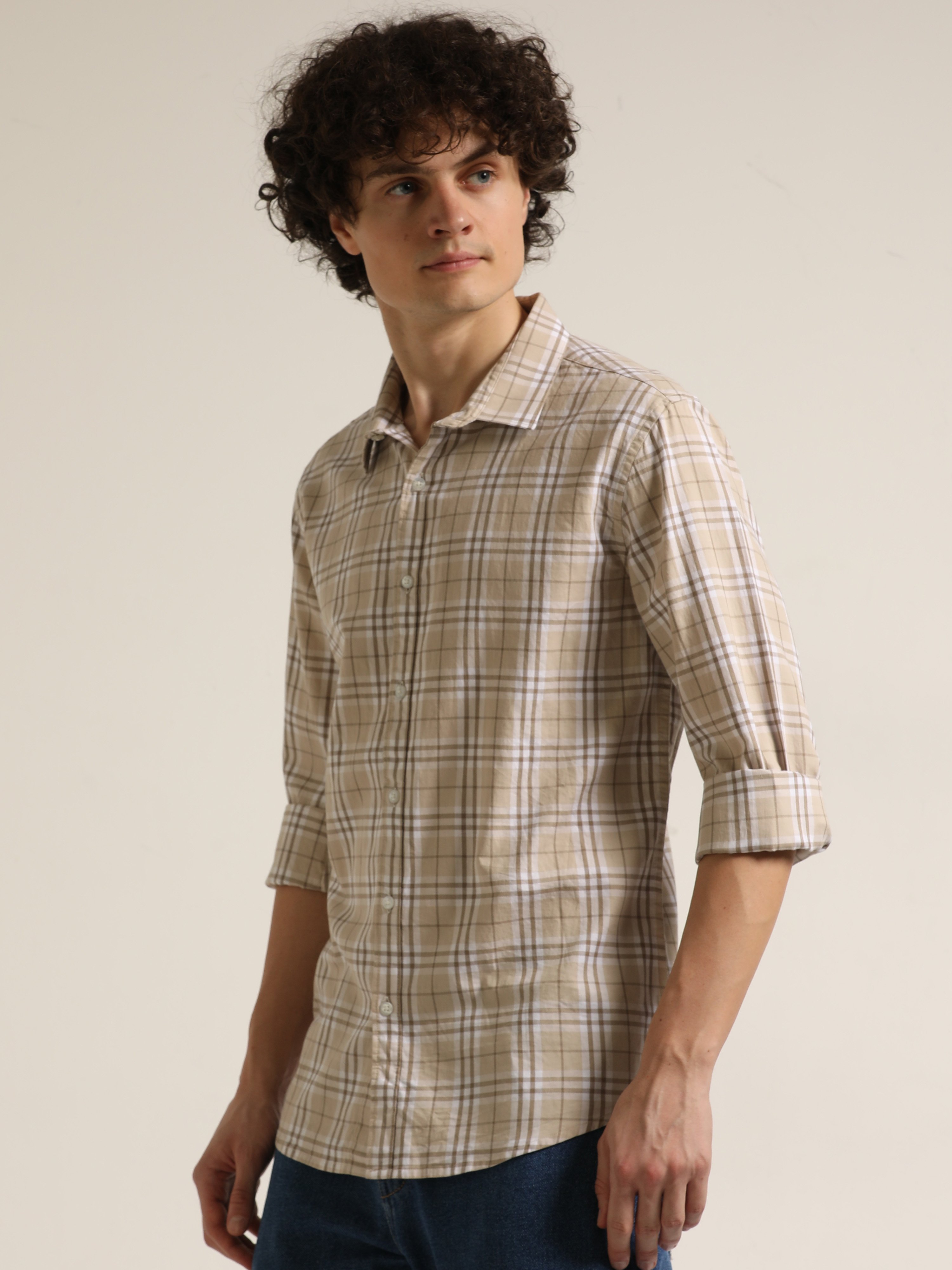 Beige Bushirt Check Long Sleeves Shirt