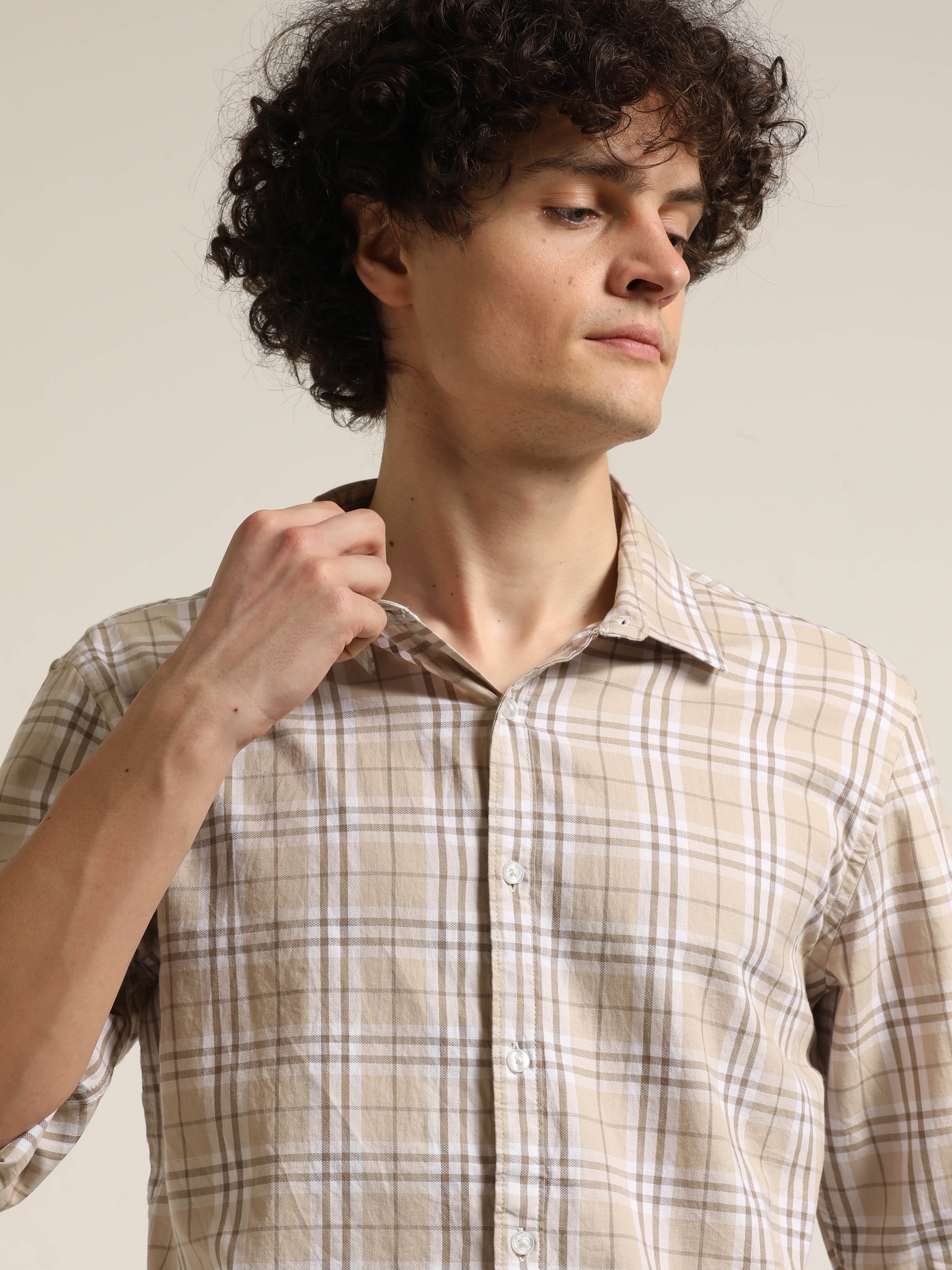 Beige Bushirt Check Long Sleeves Shirt