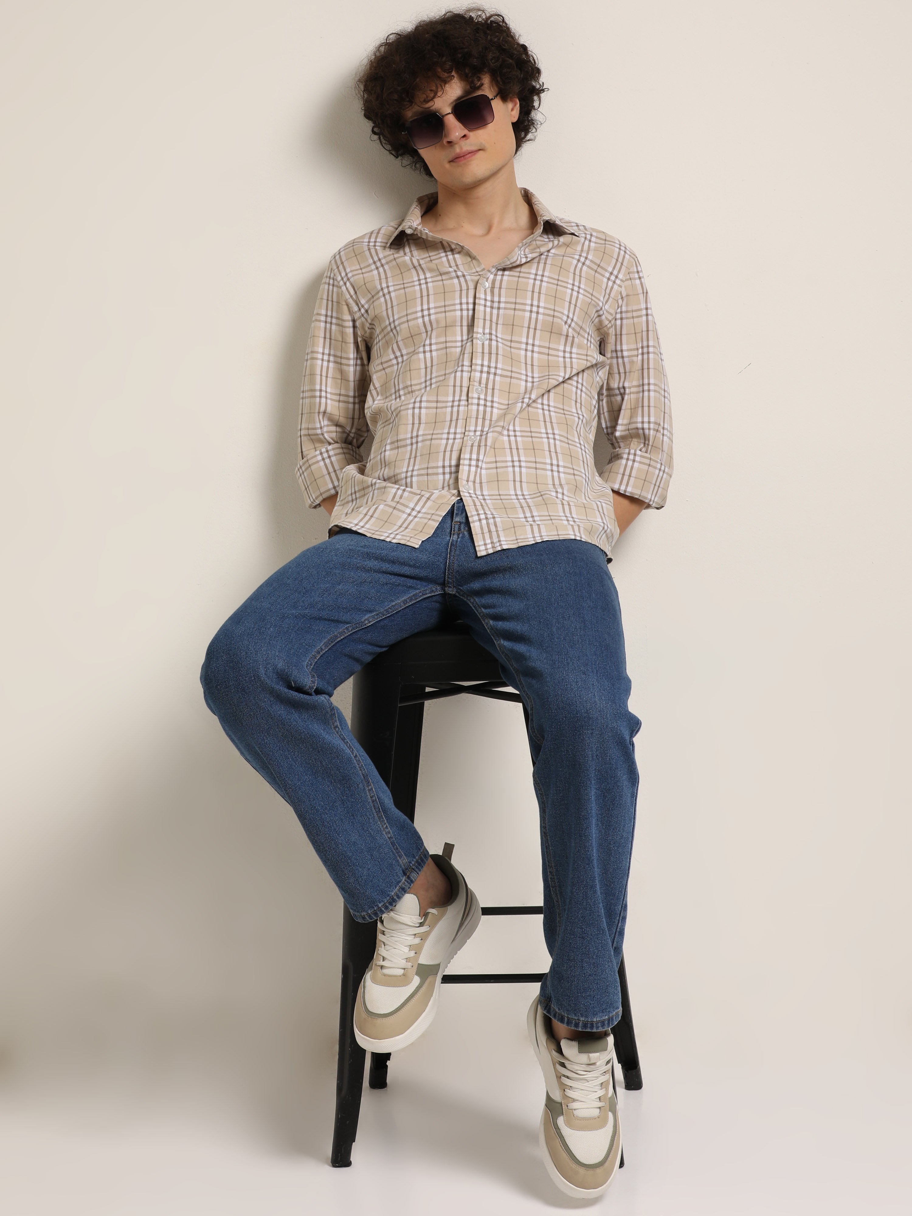 Beige Bushirt Check Long Sleeves Shirt