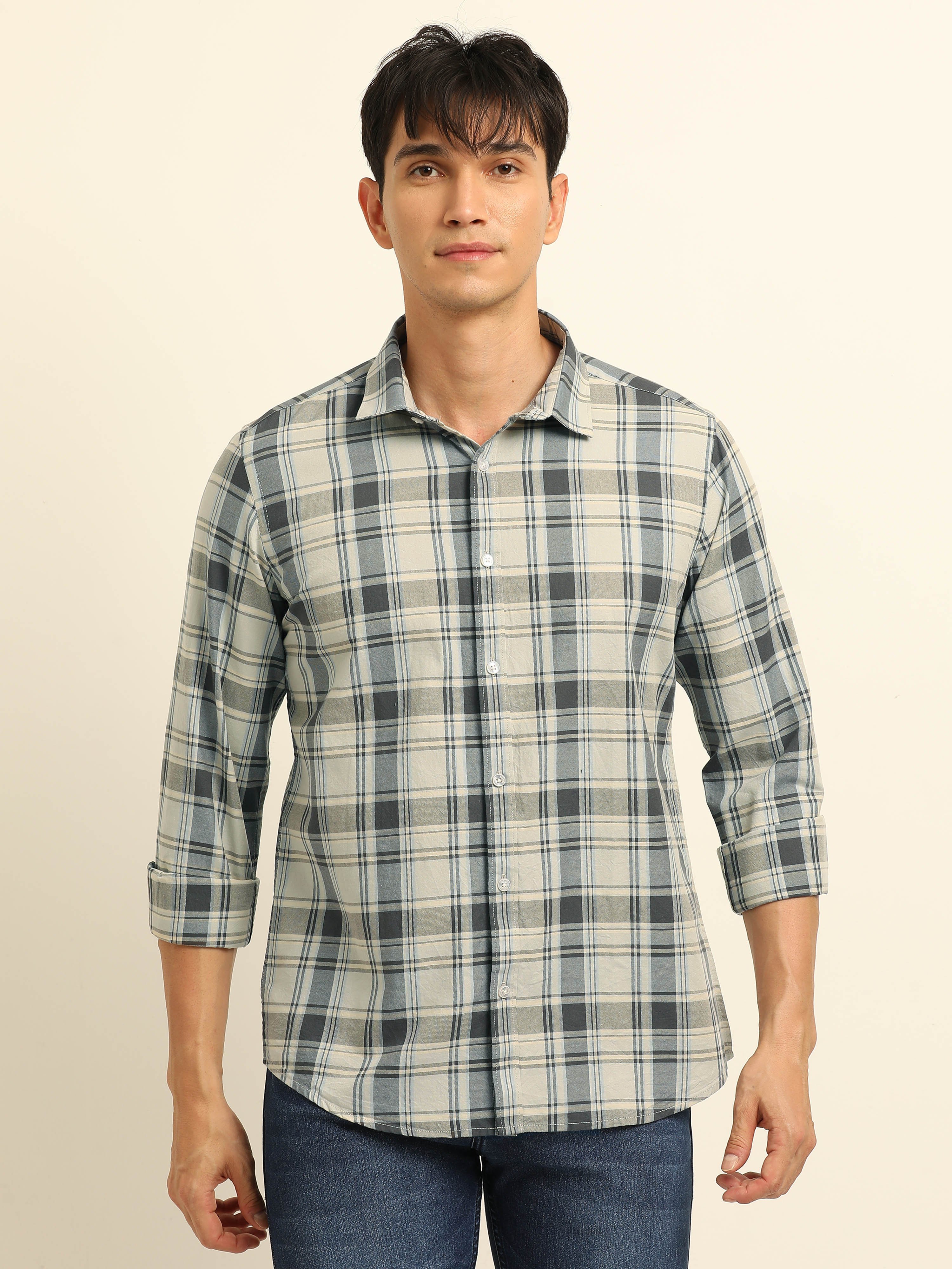 Multi-Color Bushirt Regular Fit Check Long Sleeves Shirt