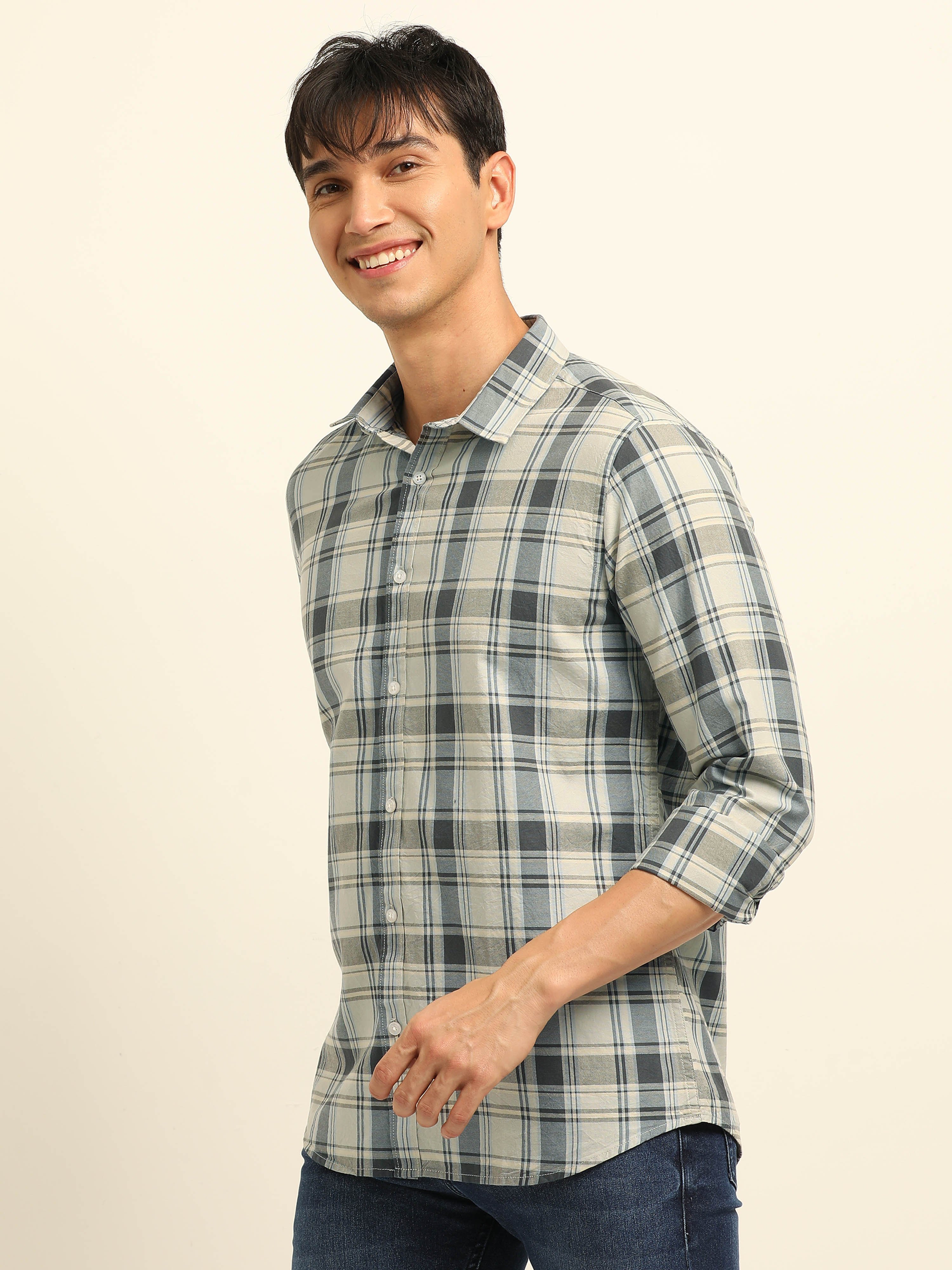 Multi-Color Bushirt Regular Fit Check Long Sleeves Shirt