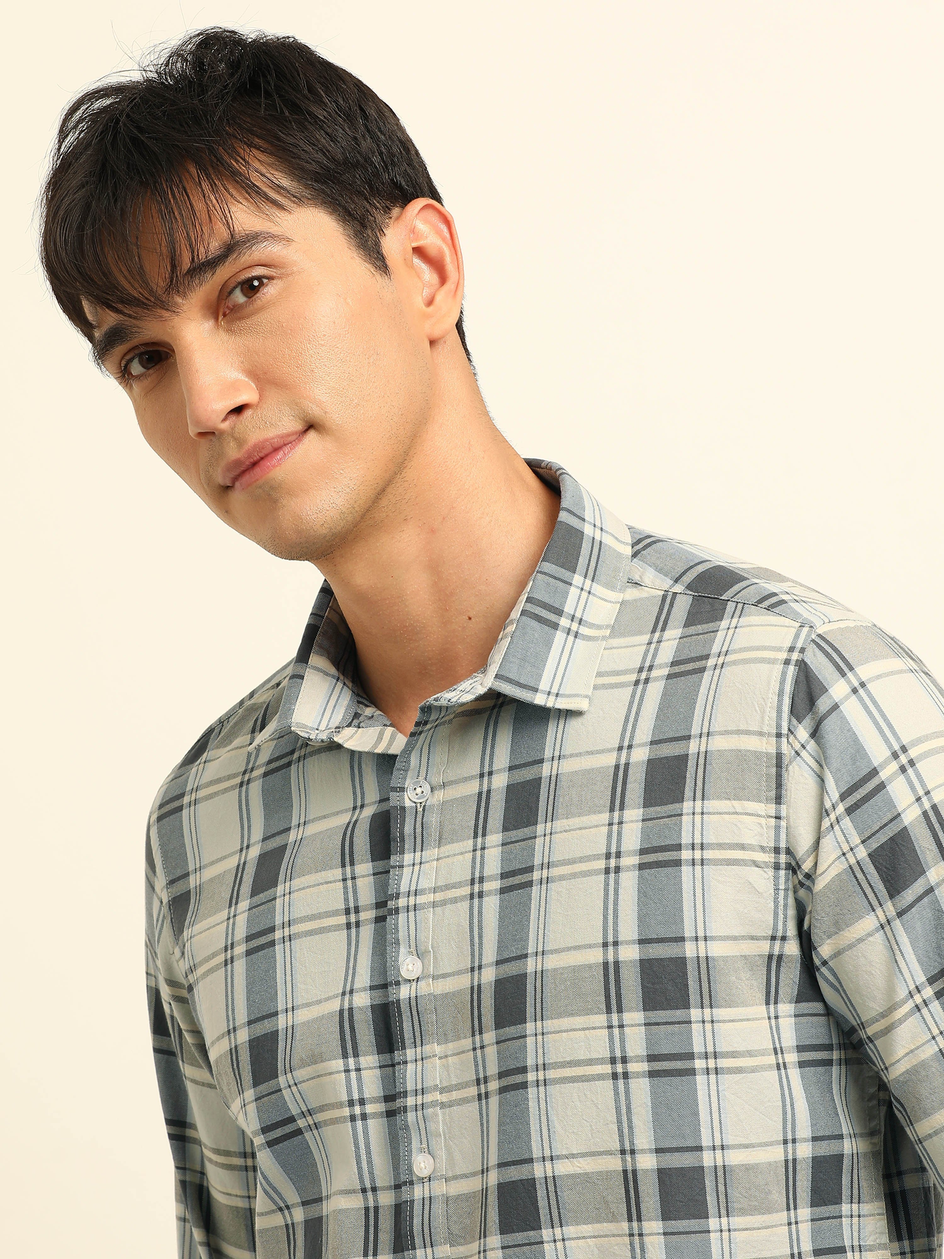Multi-Color Bushirt Regular Fit Check Long Sleeves Shirt